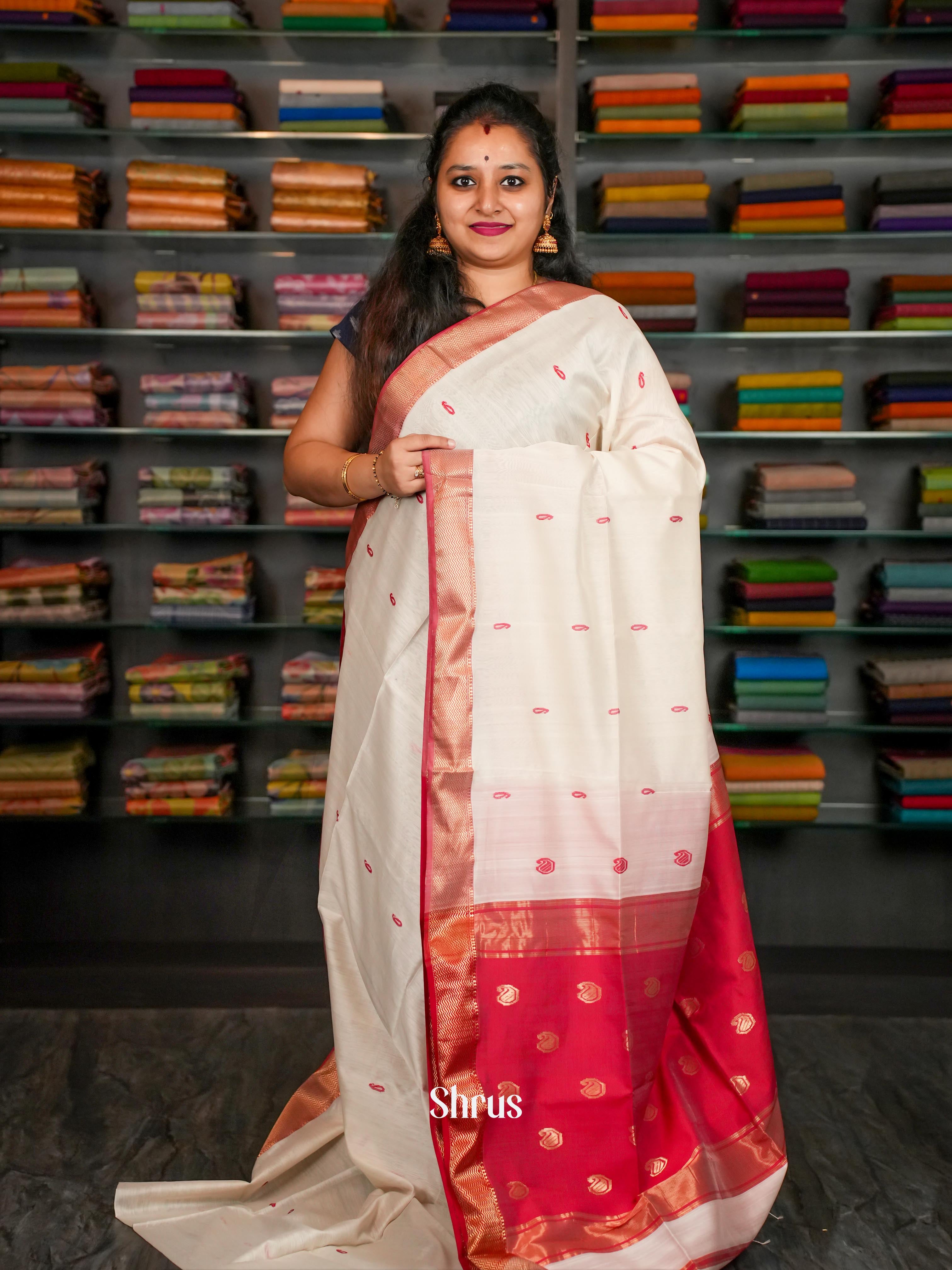 Cream & Reddish pink Maheshwari silkcotton Saree - Shop on ShrusEternity.com