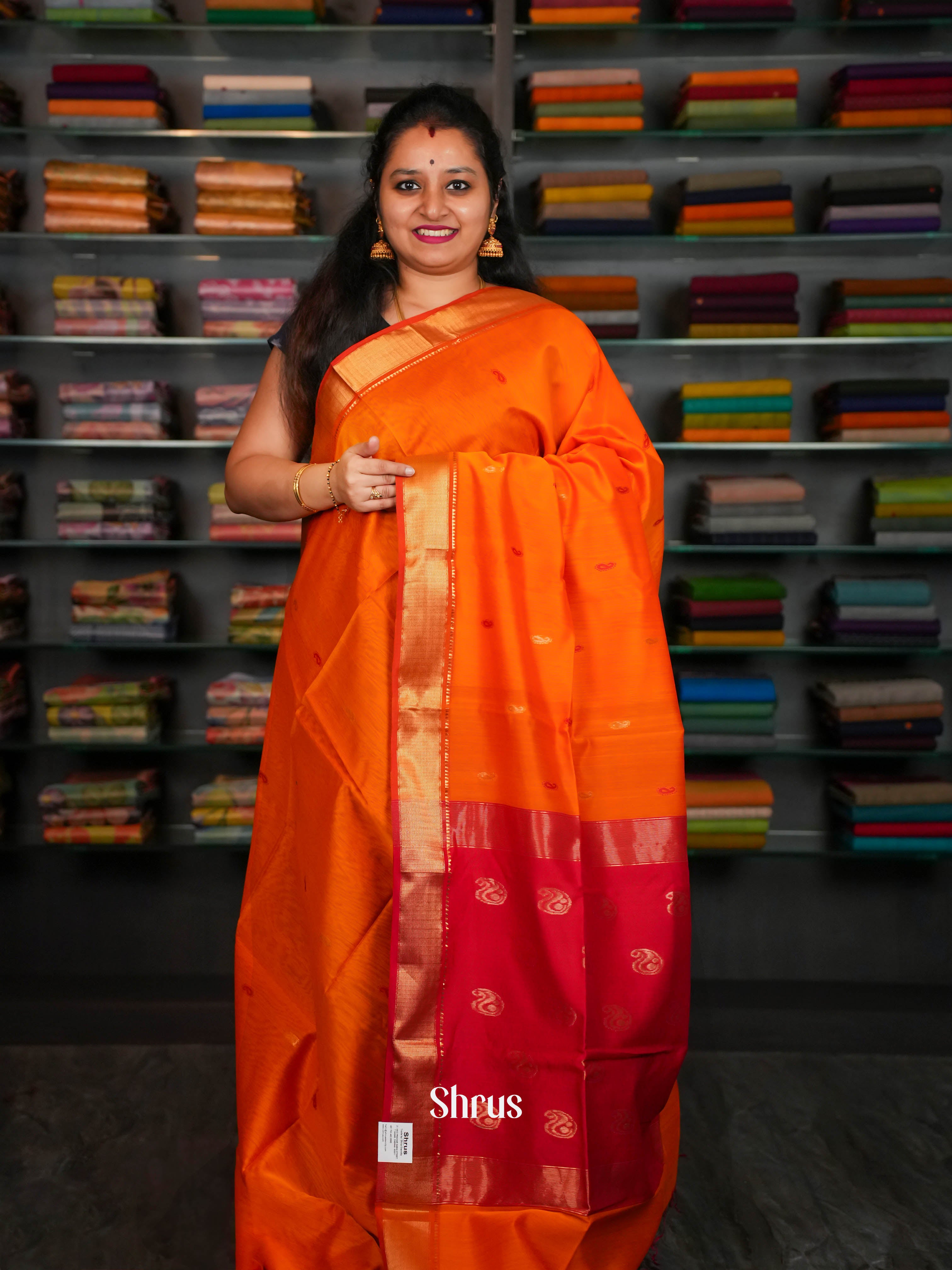Fiery orange & Red Maheshwari silkcotton Saree - Shop on ShrusEternity.com