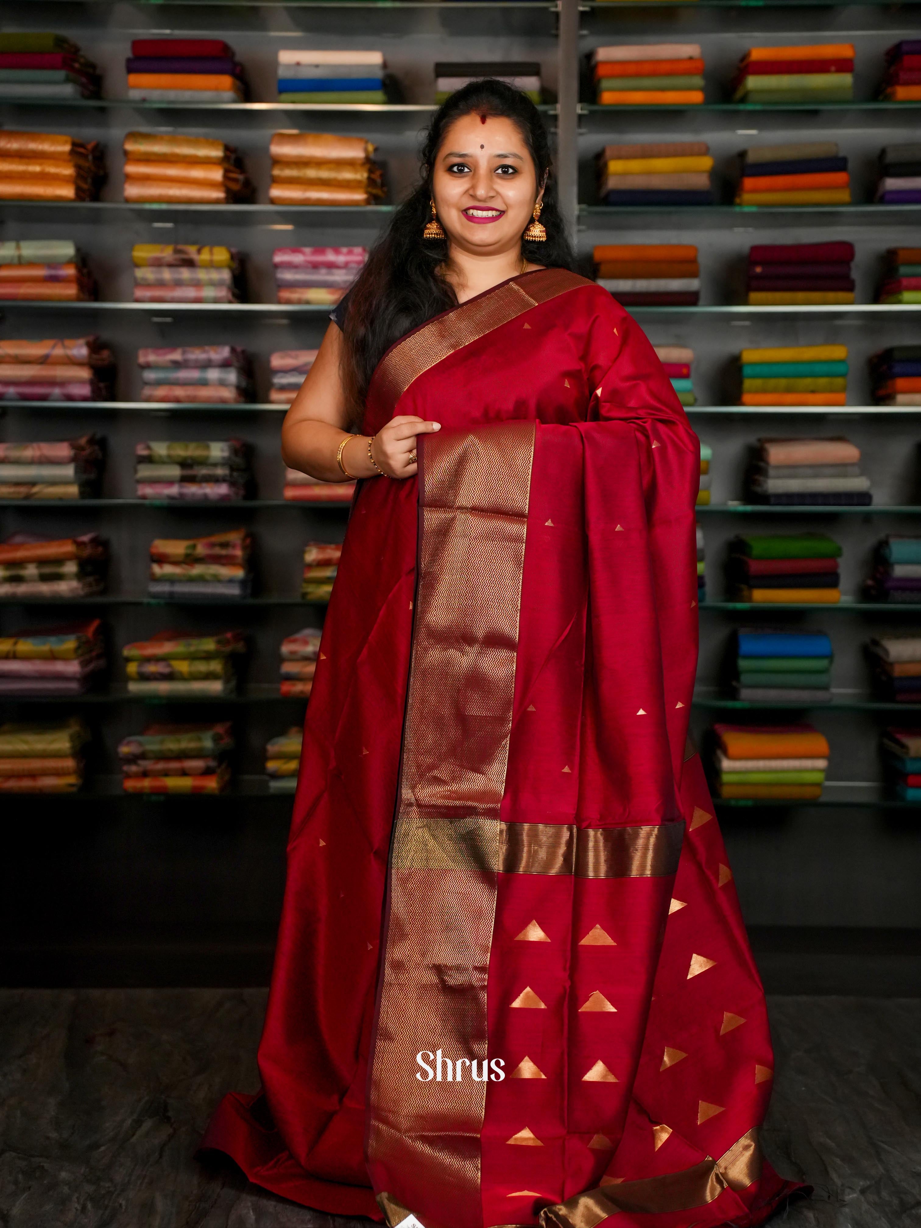 Red - Maheshwari silkcotton Saree - Shop on ShrusEternity.com