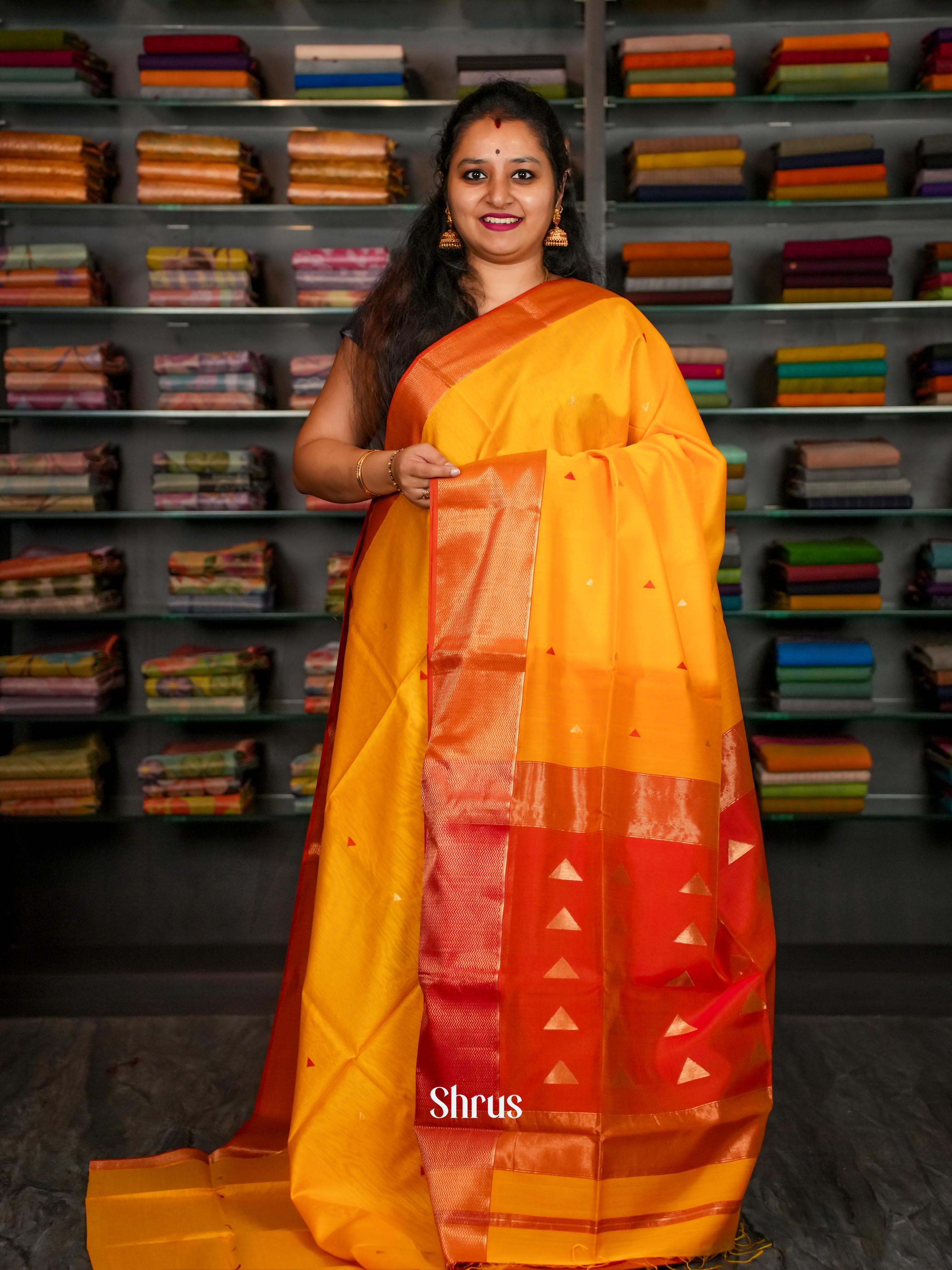 Mustard Yellow & Red - Maheshwari silkcotton Saree - Shop on ShrusEternity.com