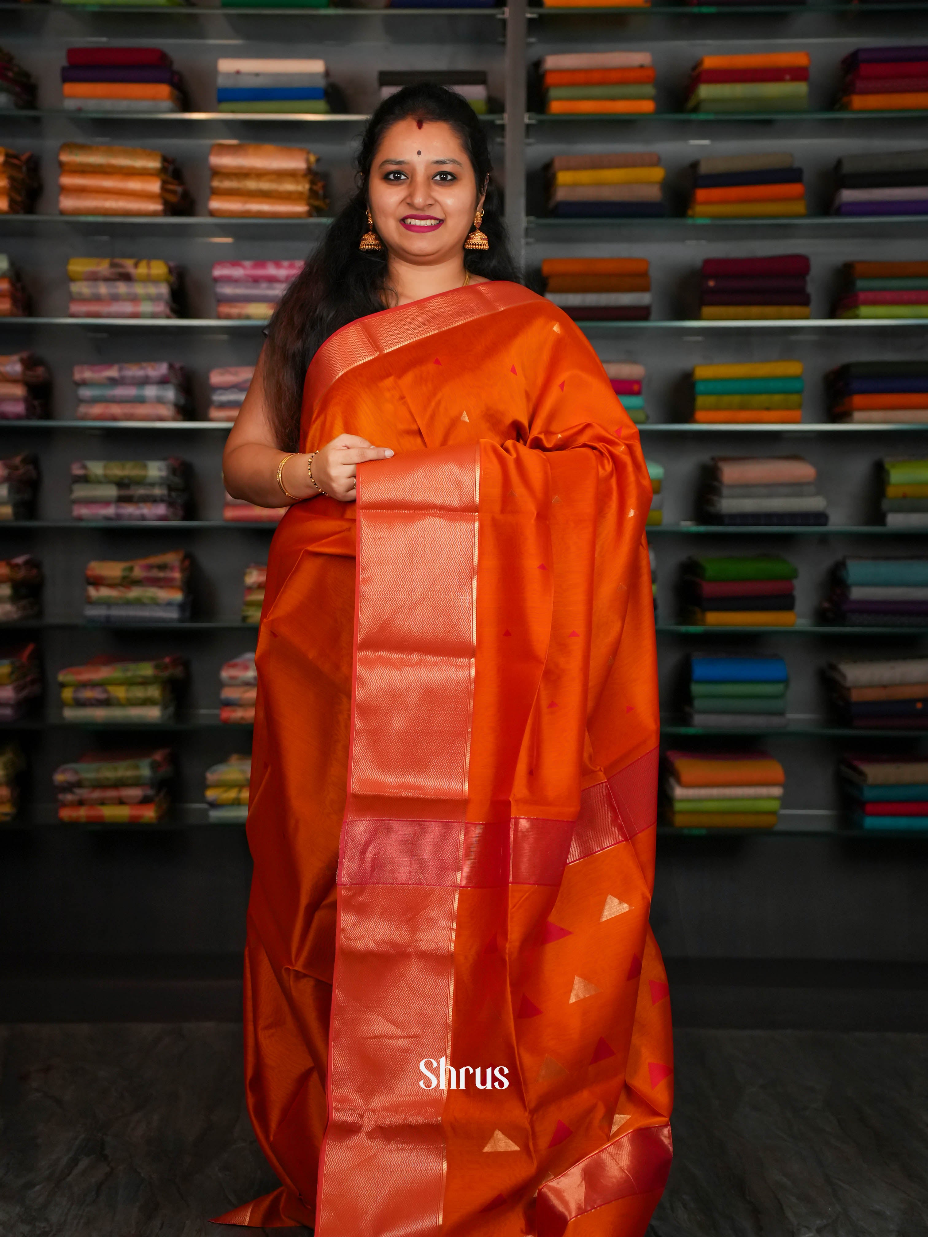 Orange Maheshwari silkcotton Saree - Shop on ShrusEternity.com