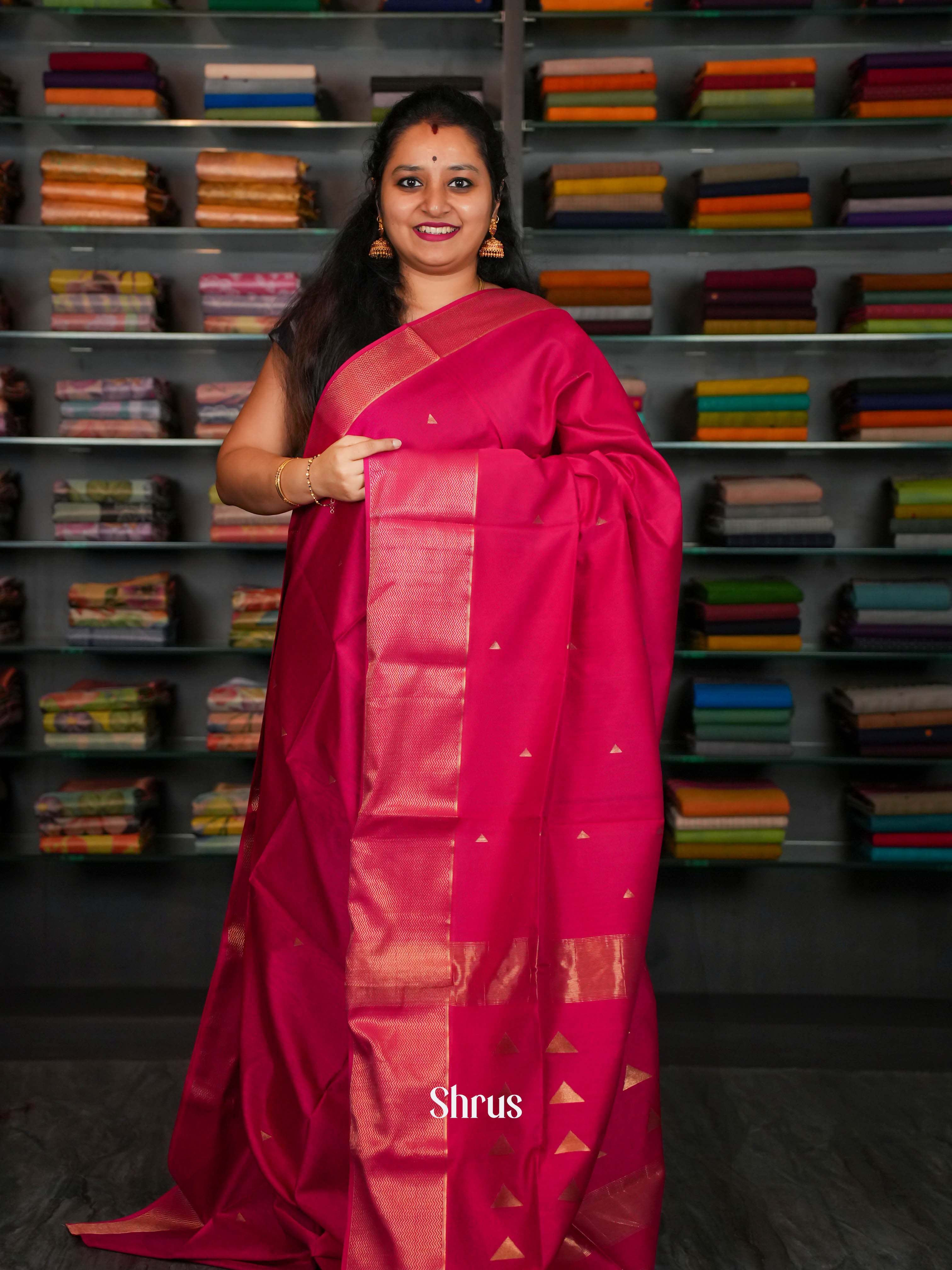 Rani pink Maheshwari silkcotton Saree - Shop on ShrusEternity.com