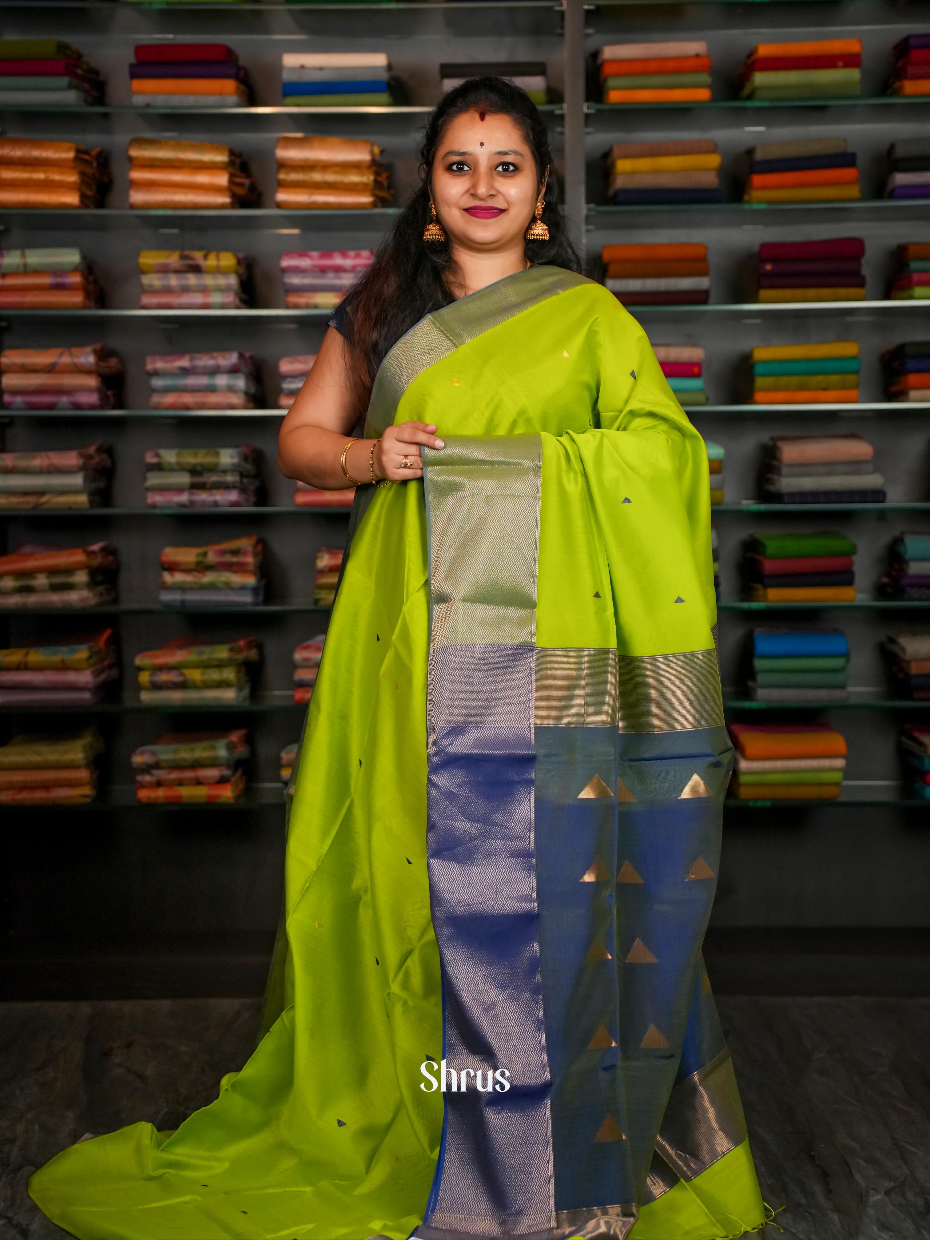 Neon Green & Blue - Maheshwari silkcotton Saree - Shop on ShrusEternity.com
