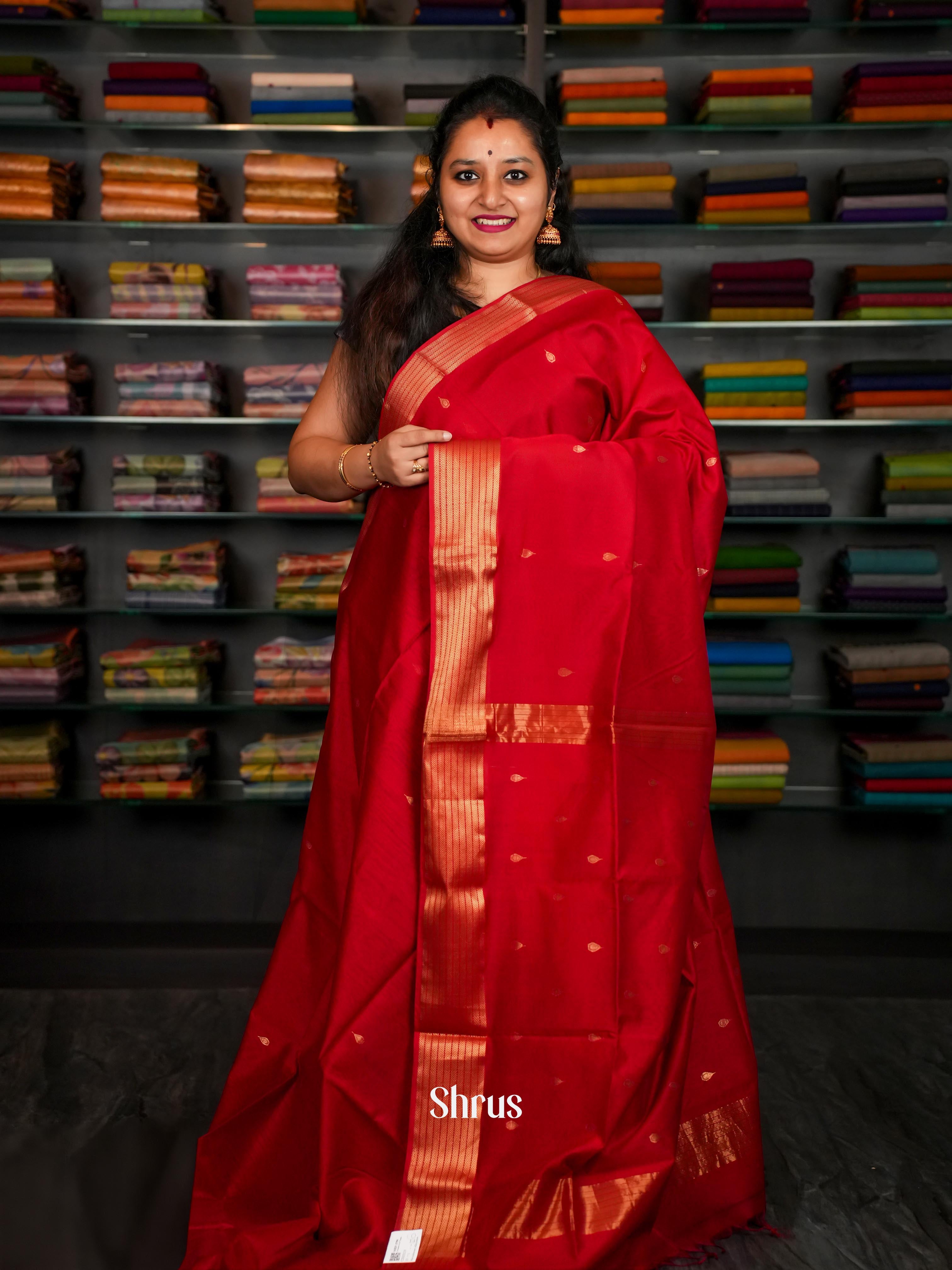 Red - Maheshwari silkcotton Saree - Shop on ShrusEternity.com