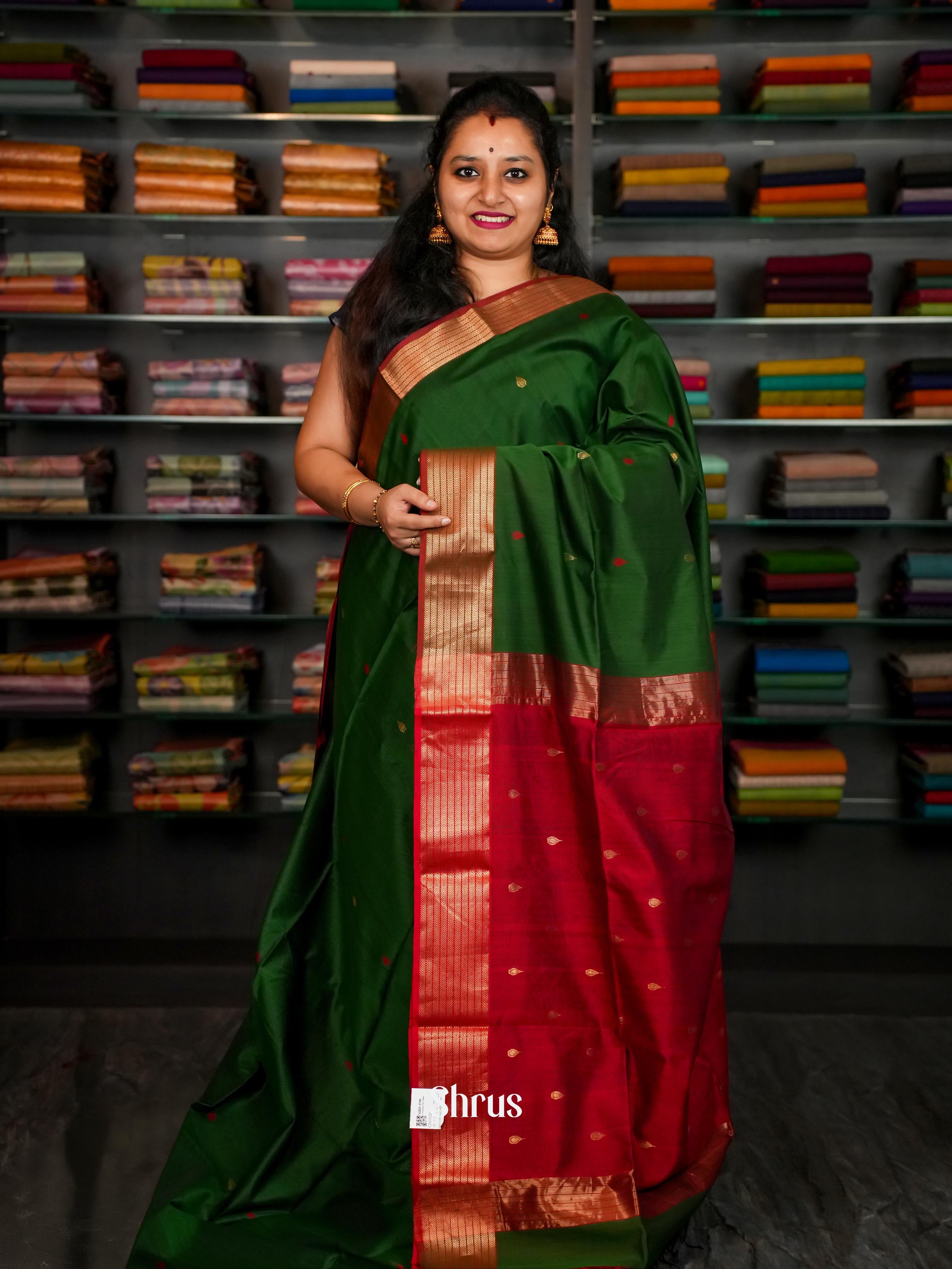 Green & Red - Maheshwari silkcotton Saree - Shop on ShrusEternity.com