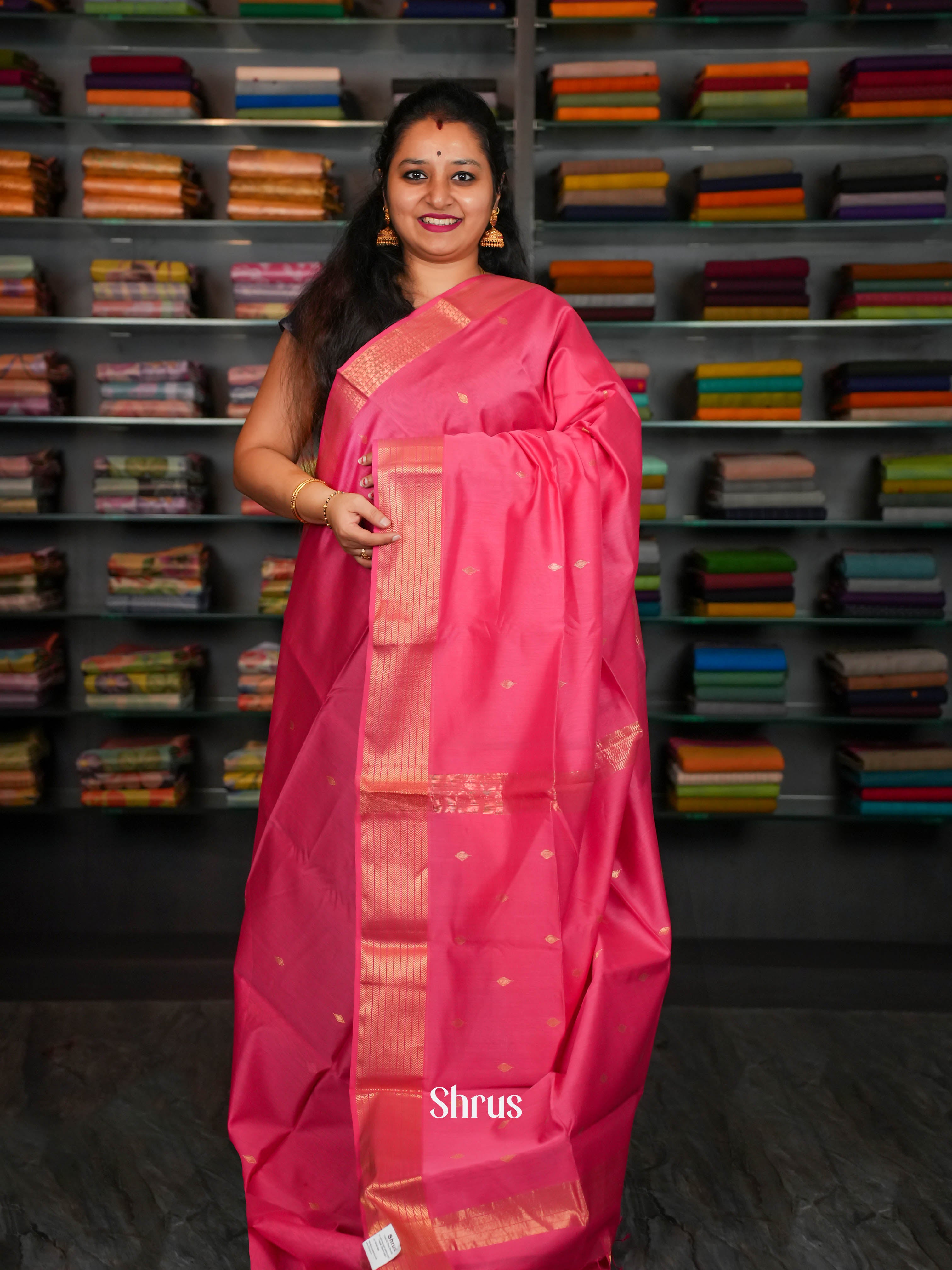 Pink Maheshwari silkcotton Saree - Shop on ShrusEternity.com