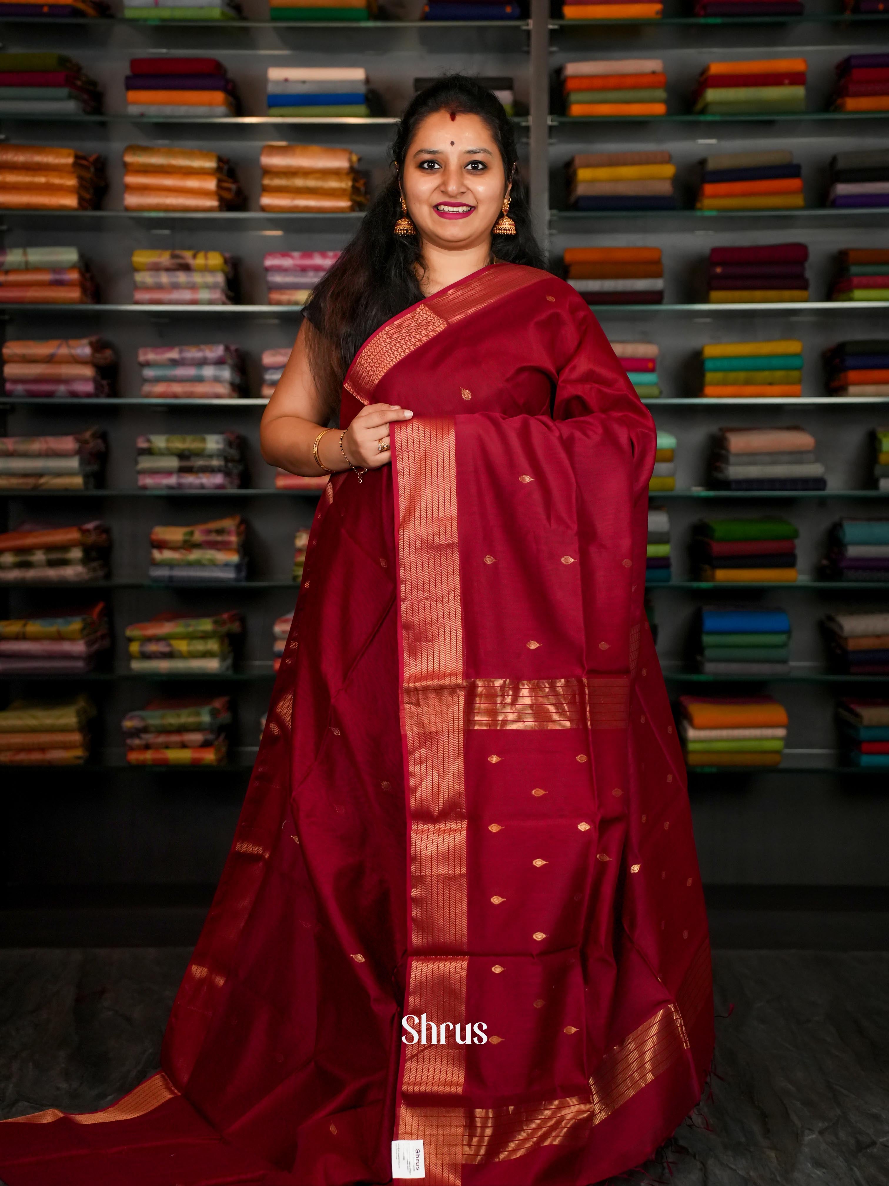Maroon Maheshwari silkcotton Saree - Shop on ShrusEternity.com