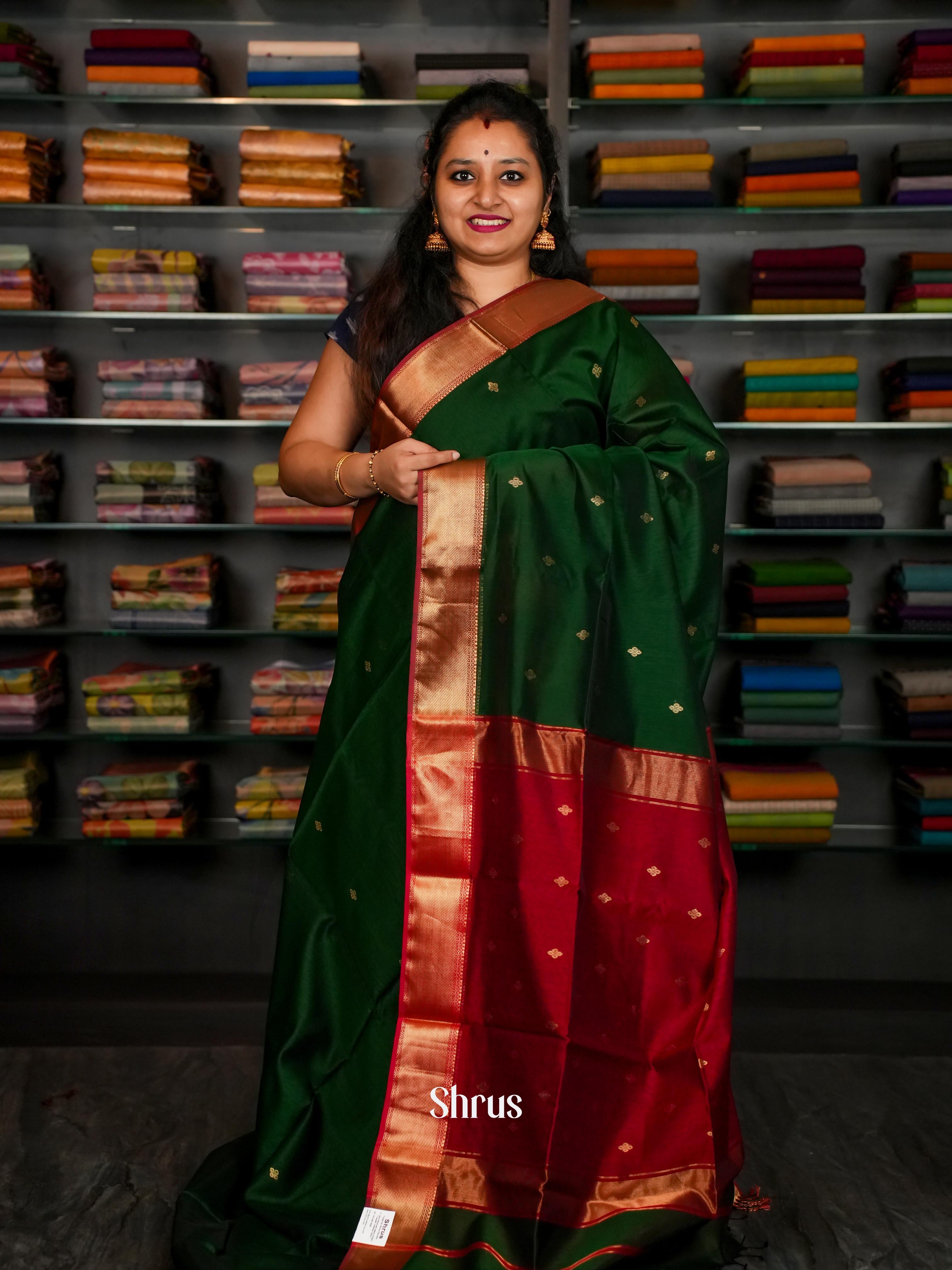 Bottle green & Red Maheshwari silkcotton Saree - Shop on ShrusEternity.com
