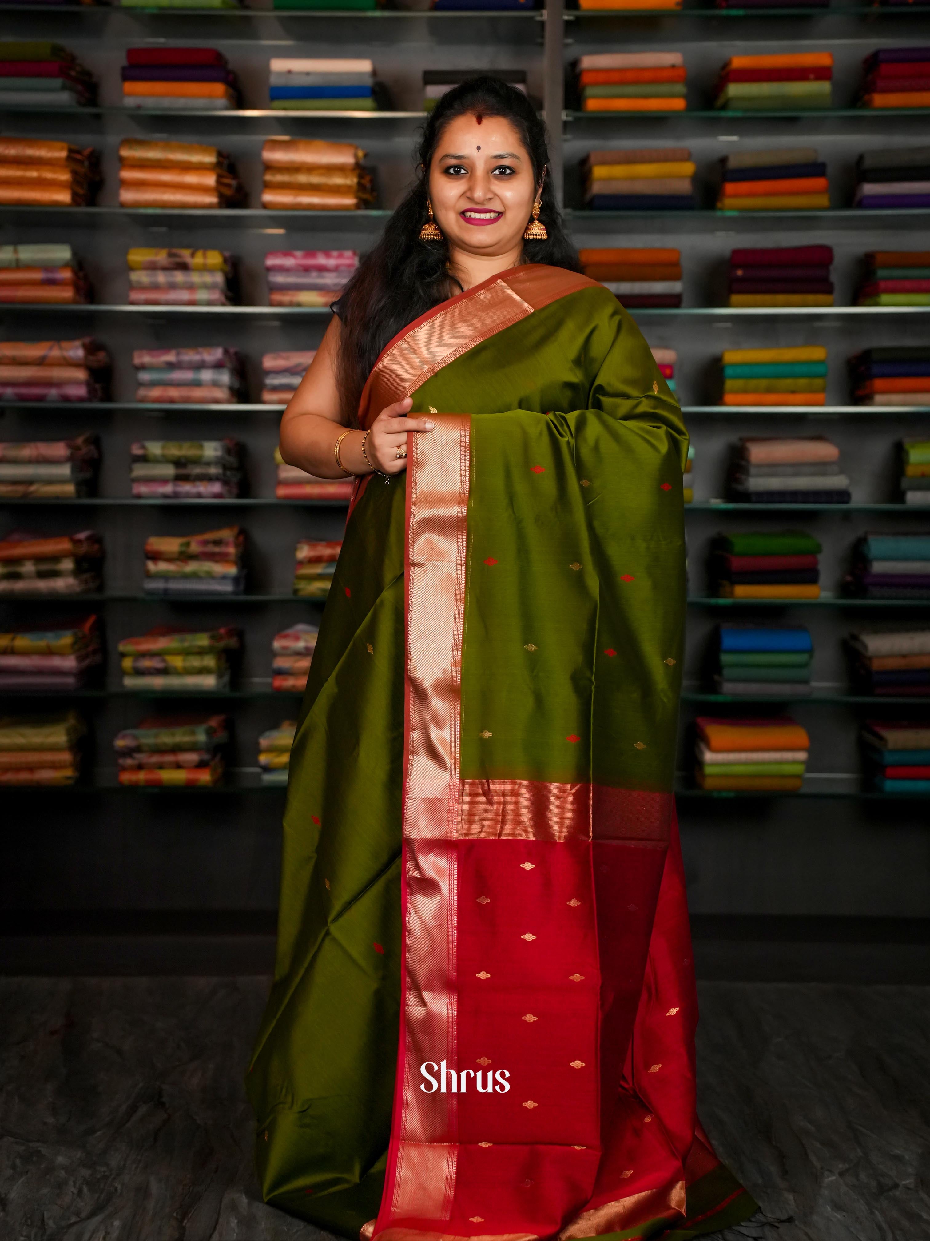 Olive Green & Red - Maheshwari silkcotton Saree - Shop on ShrusEternity.com