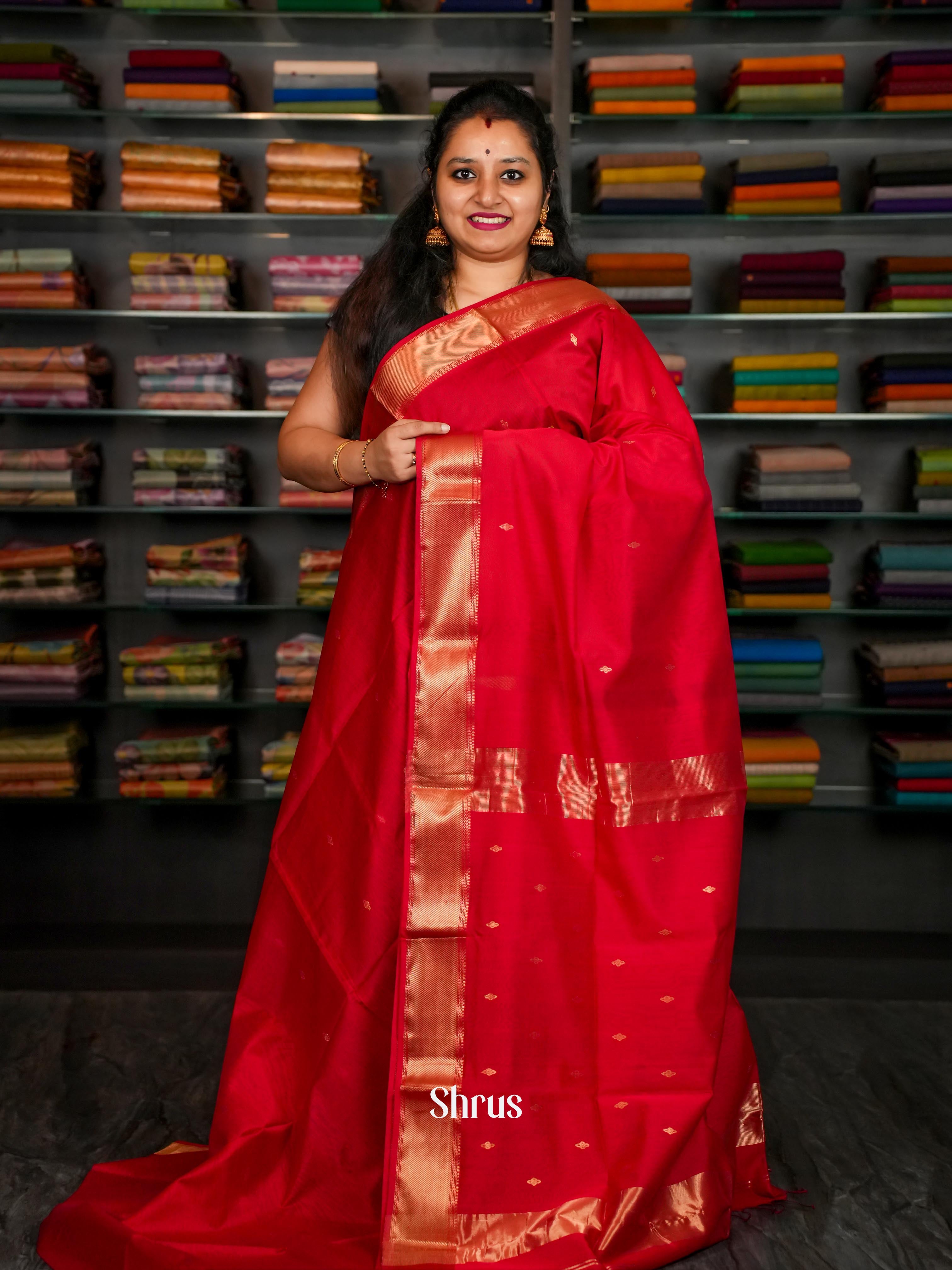 Red Maheshwari silkcotton Saree - Shop on ShrusEternity.com