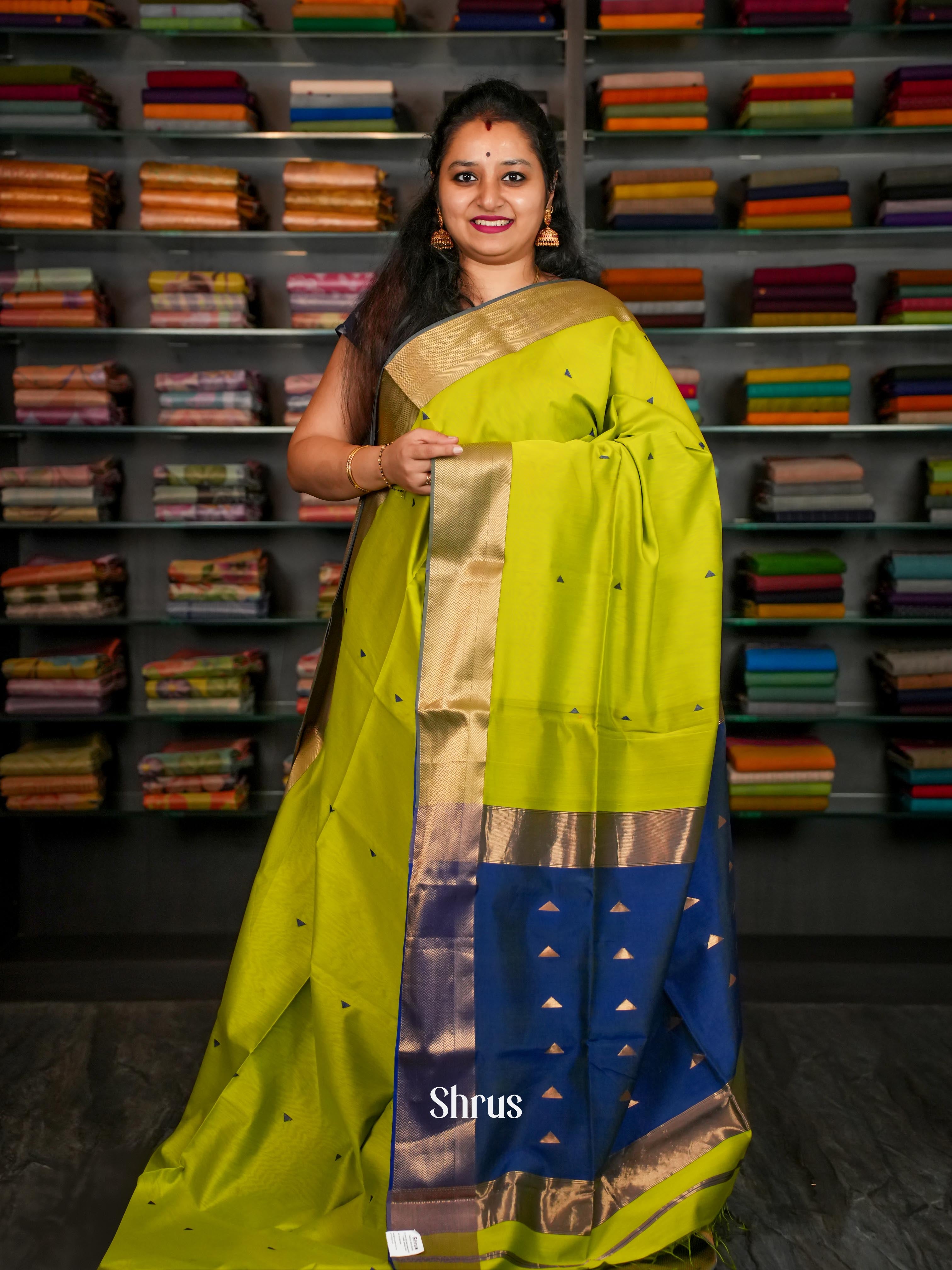 Green Blue Maheshwari silkcotton Saree - Shop on ShrusEternity.com