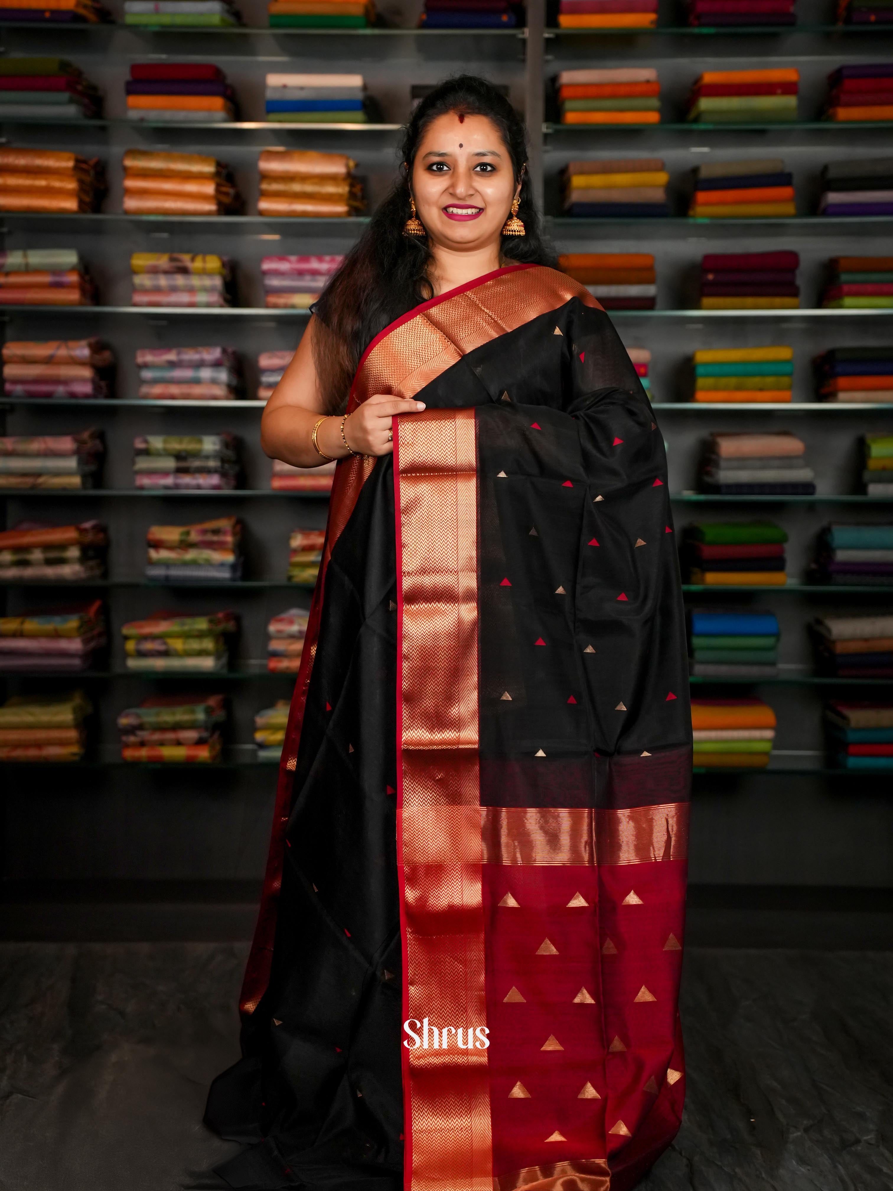 Black & Red Maheshwari silkcotton Saree - Shop on ShrusEternity.com