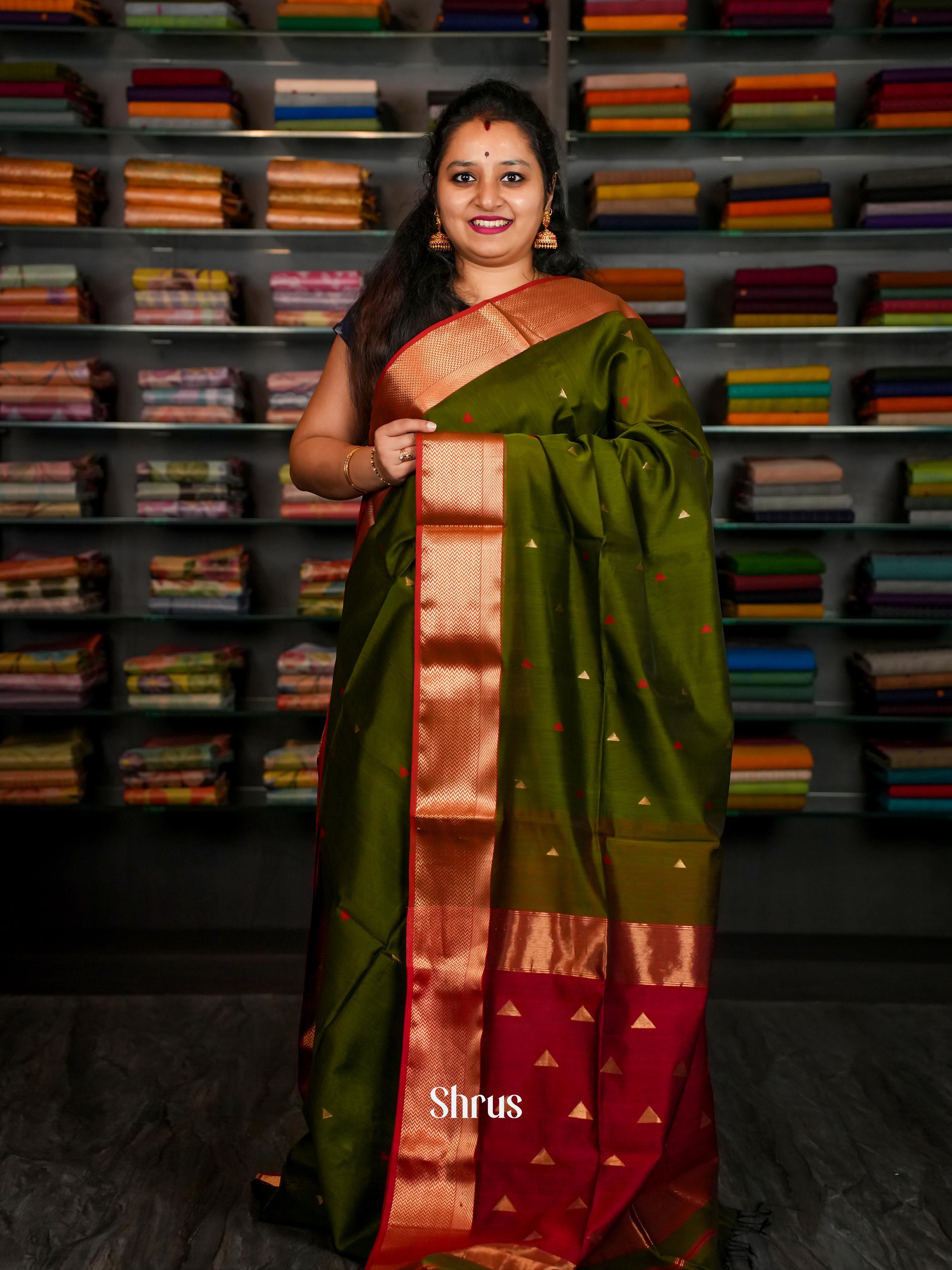 Mehendi Green & Red Maheshwari silkcotton Saree - Shop on ShrusEternity.com