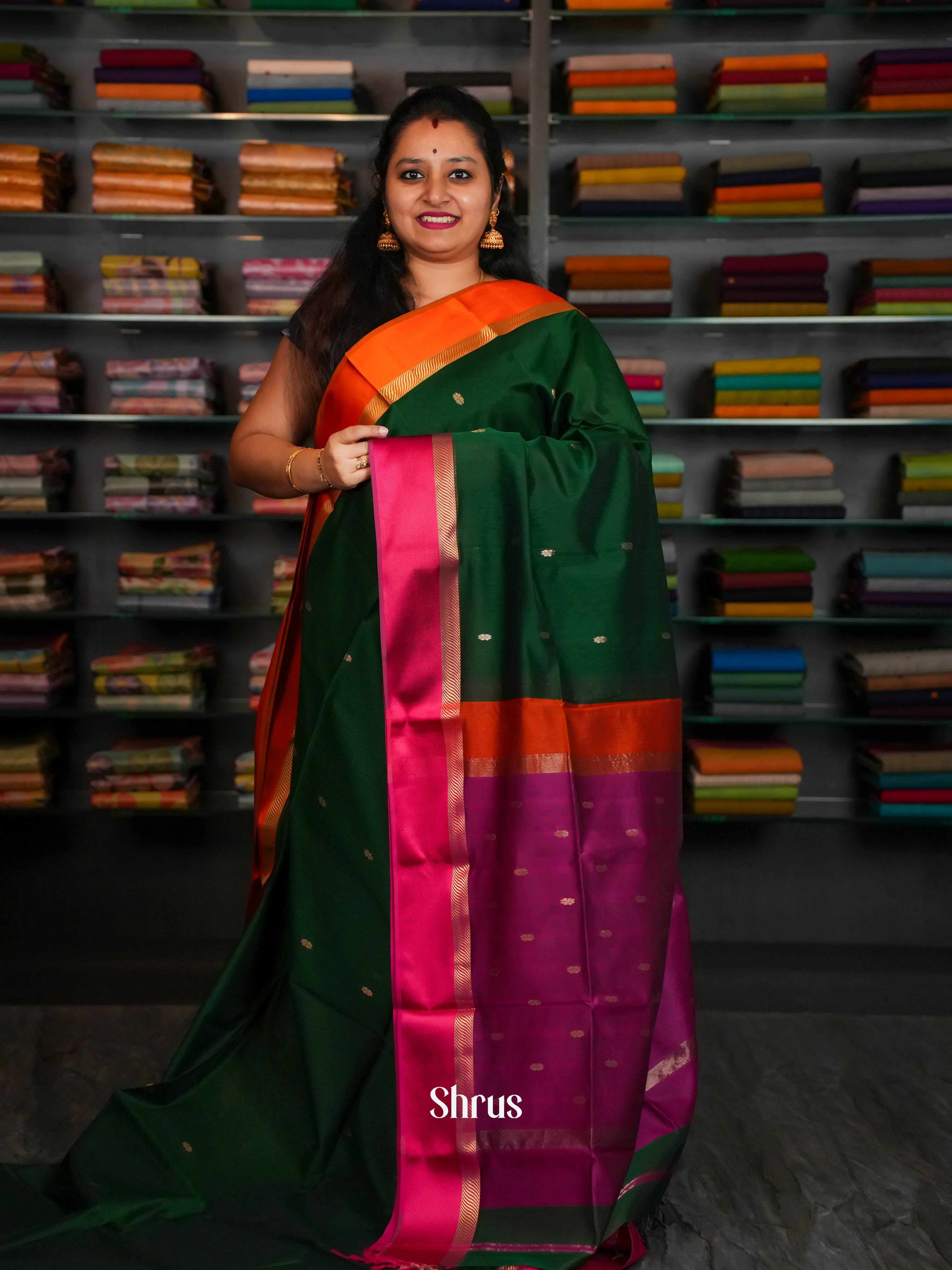Green With Orange & Pink - Maheshwari silkcotton Saree - Shop on ShrusEternity.com