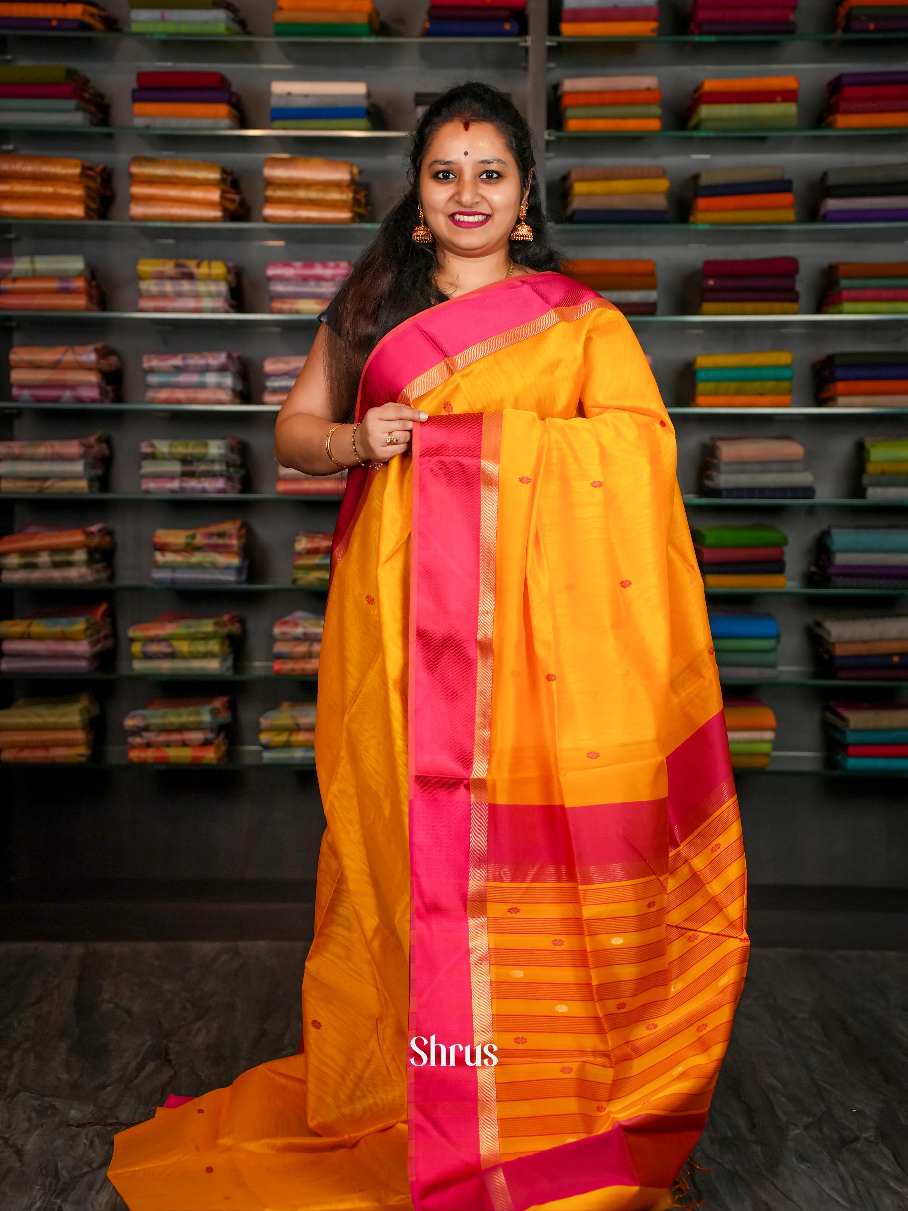 Yellow & Rosy Red - Maheshwari silkcotton Saree - Shop on ShrusEternity.com