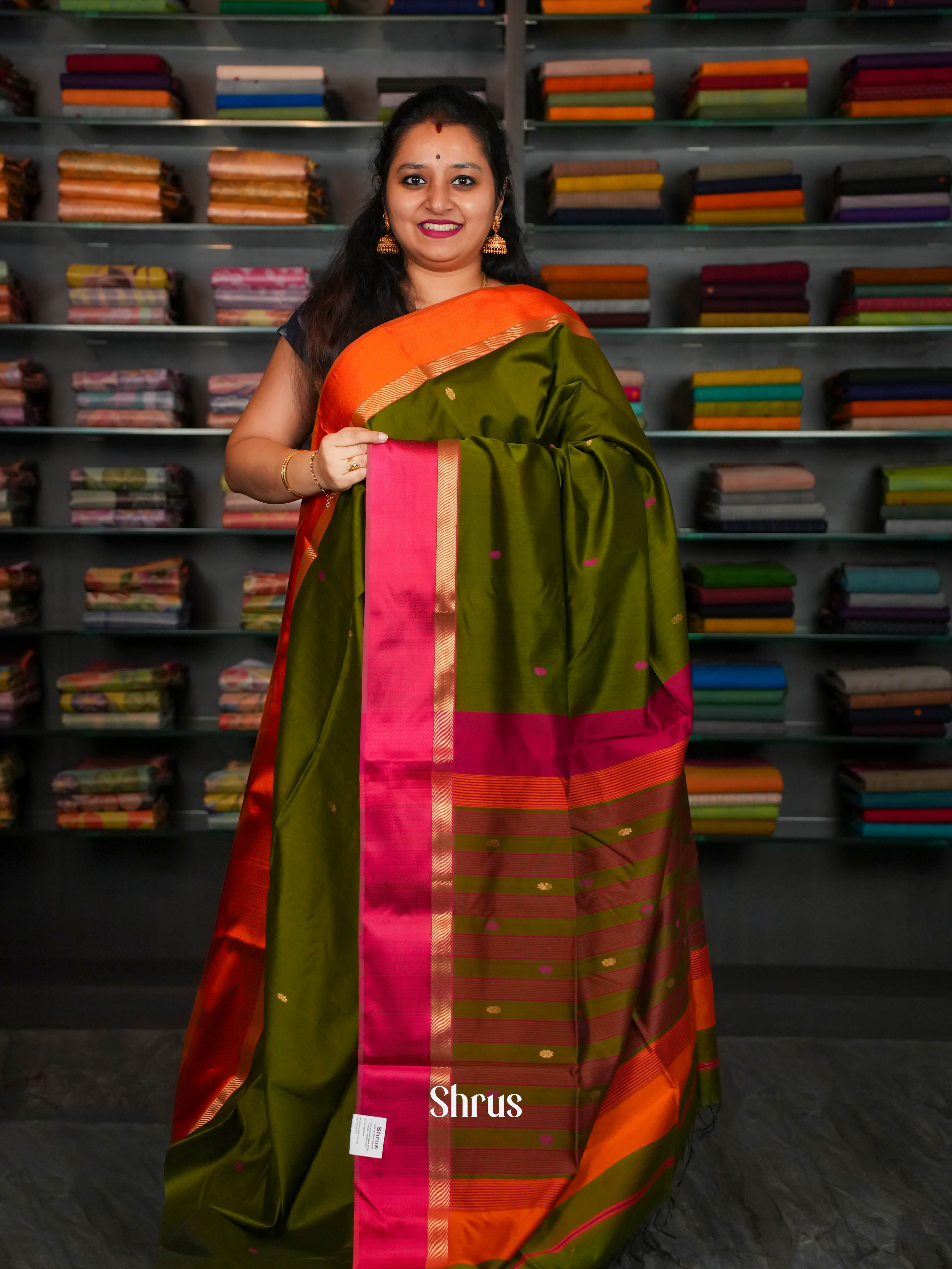 Mehendi green & Pink Maheshwari silkcotton Saree - Shop on ShrusEternity.com