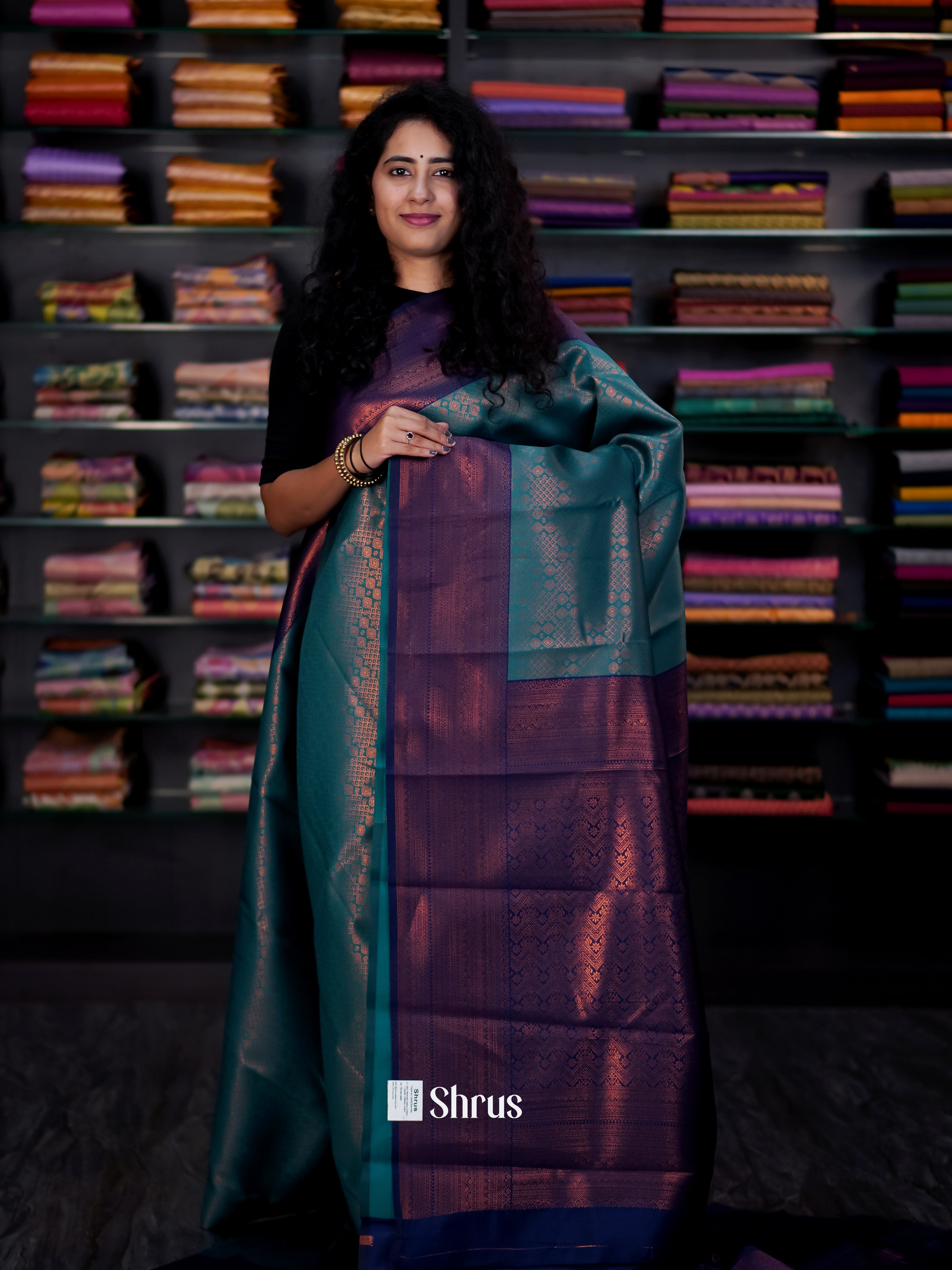 Teal & Blue - Semi Arani Silk Saree - Shop on ShrusEternity.com