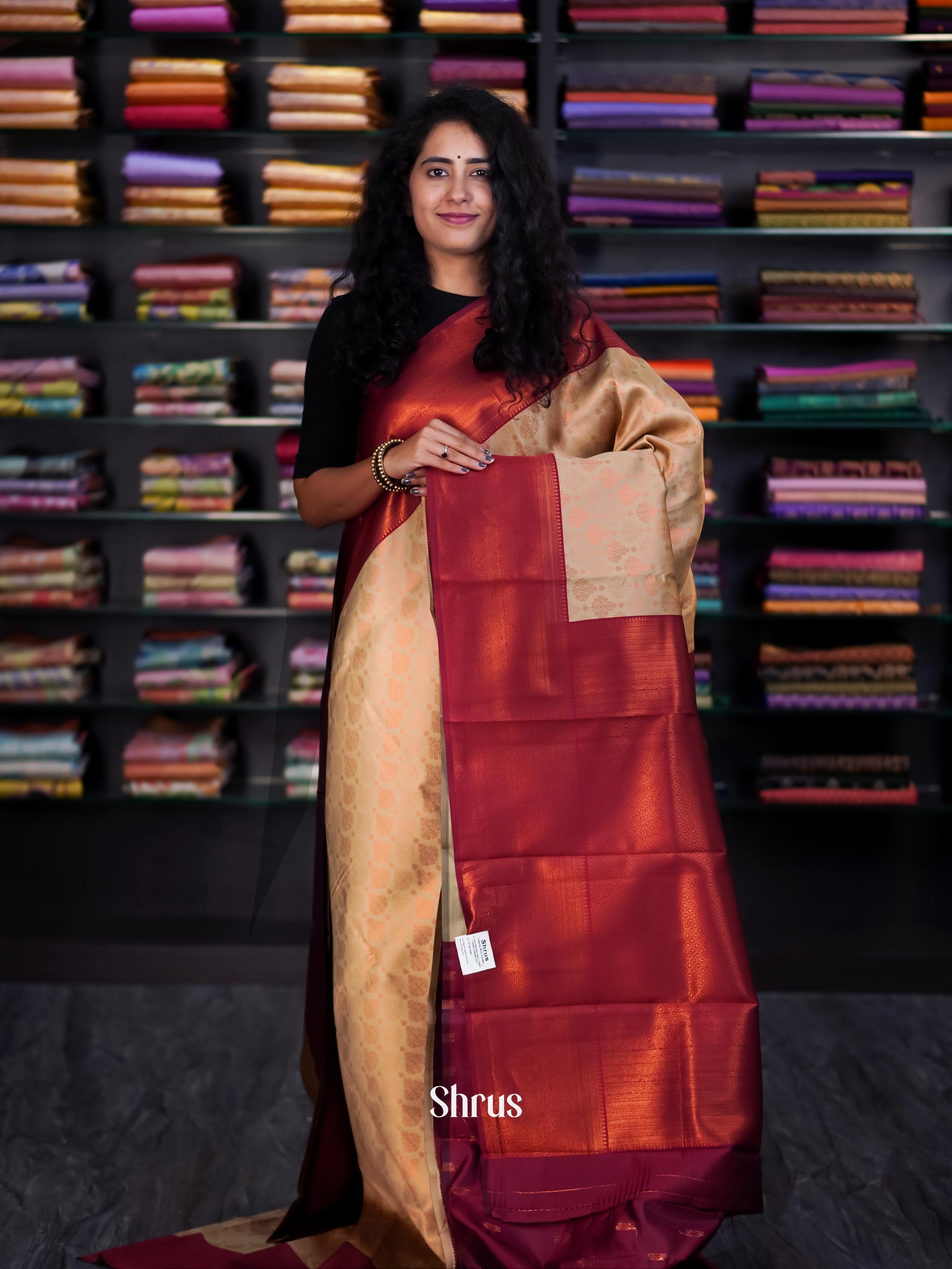 Beige & Maroon - Semi Arani Silk Saree - Shop on ShrusEternity.com