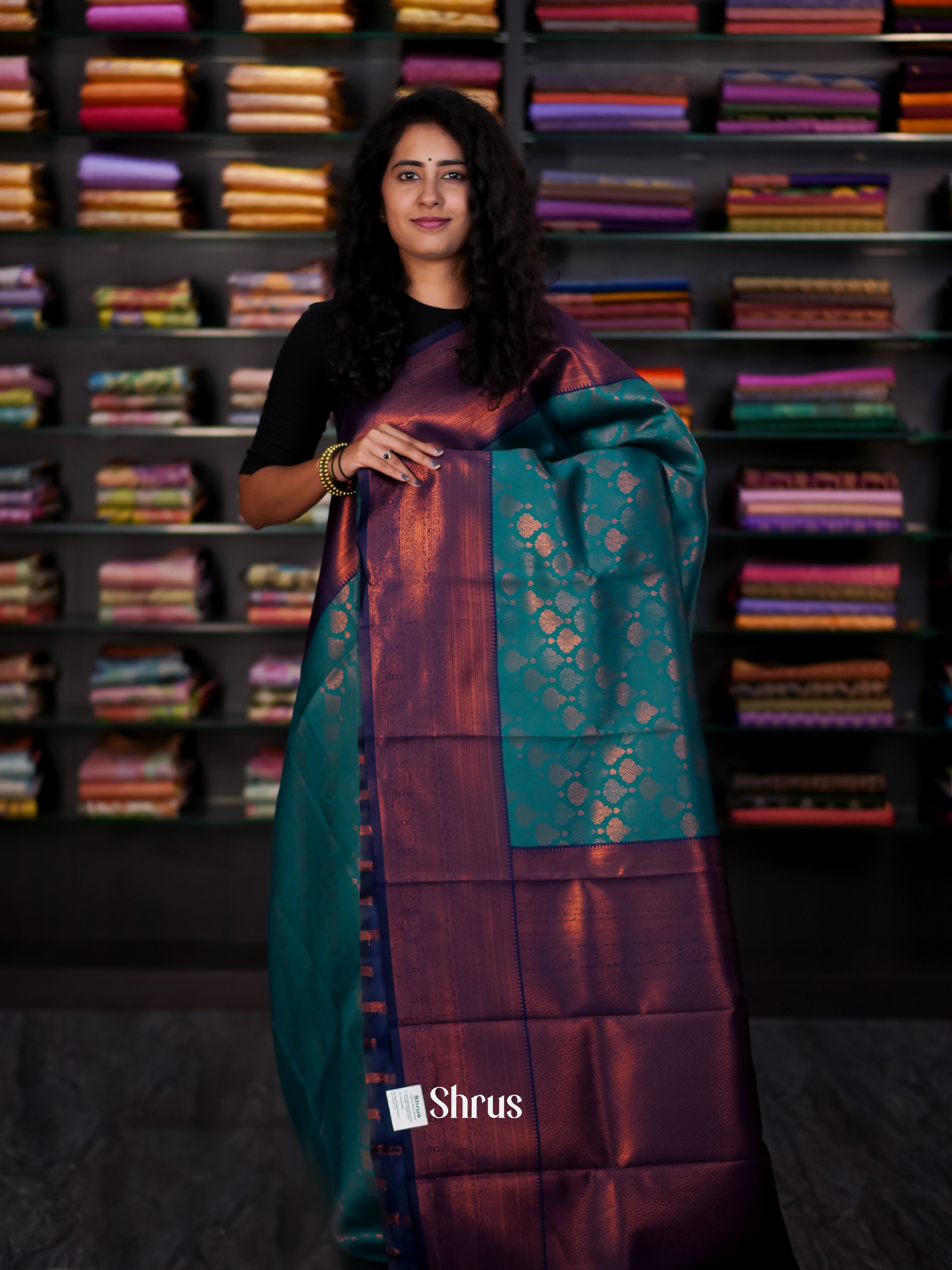 Teal & Blue - Semi Arani Silk Saree - Shop on ShrusEternity.com
