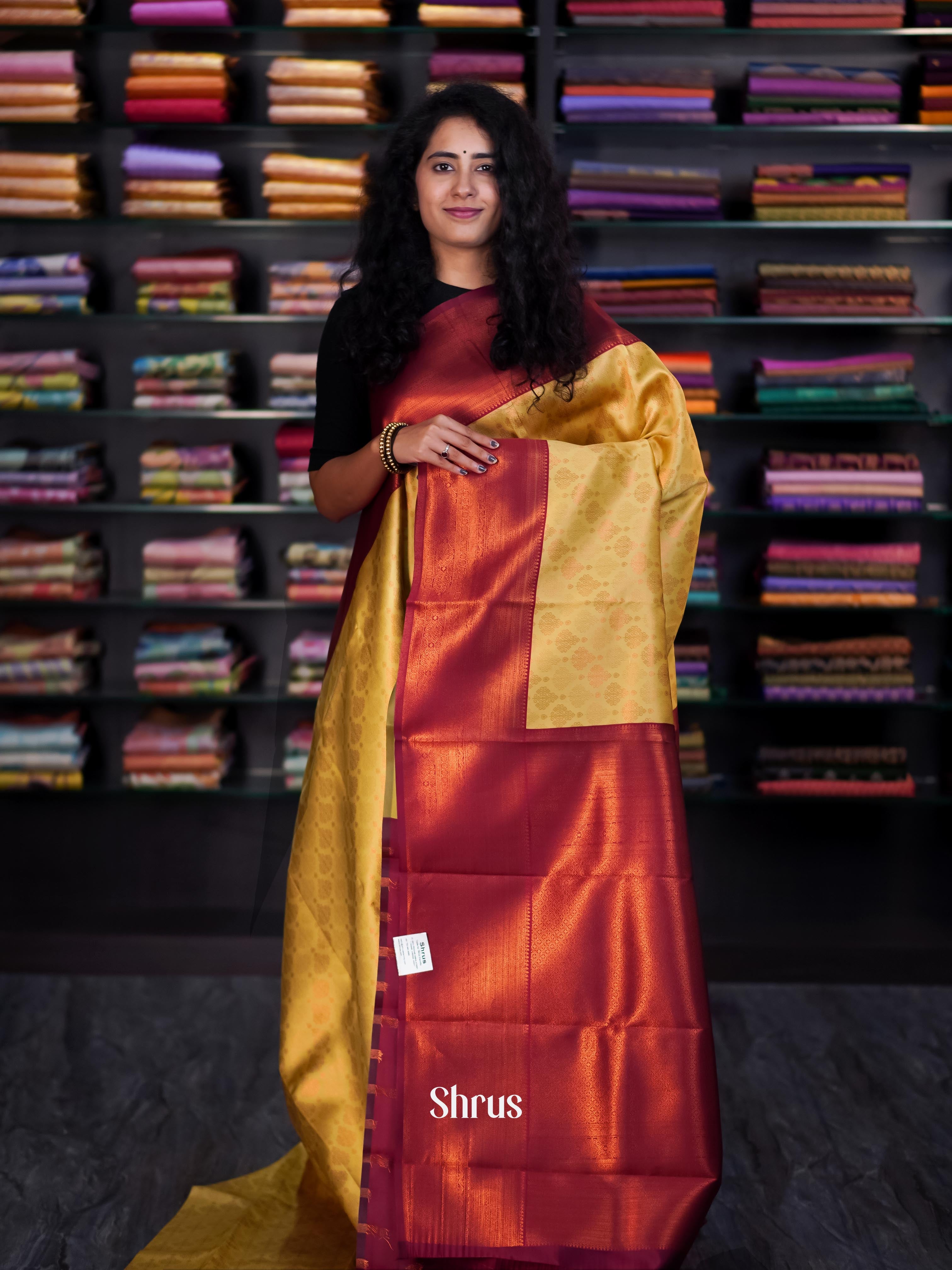 Beige & Maroon - Semi Arani Silk Saree - Shop on ShrusEternity.com