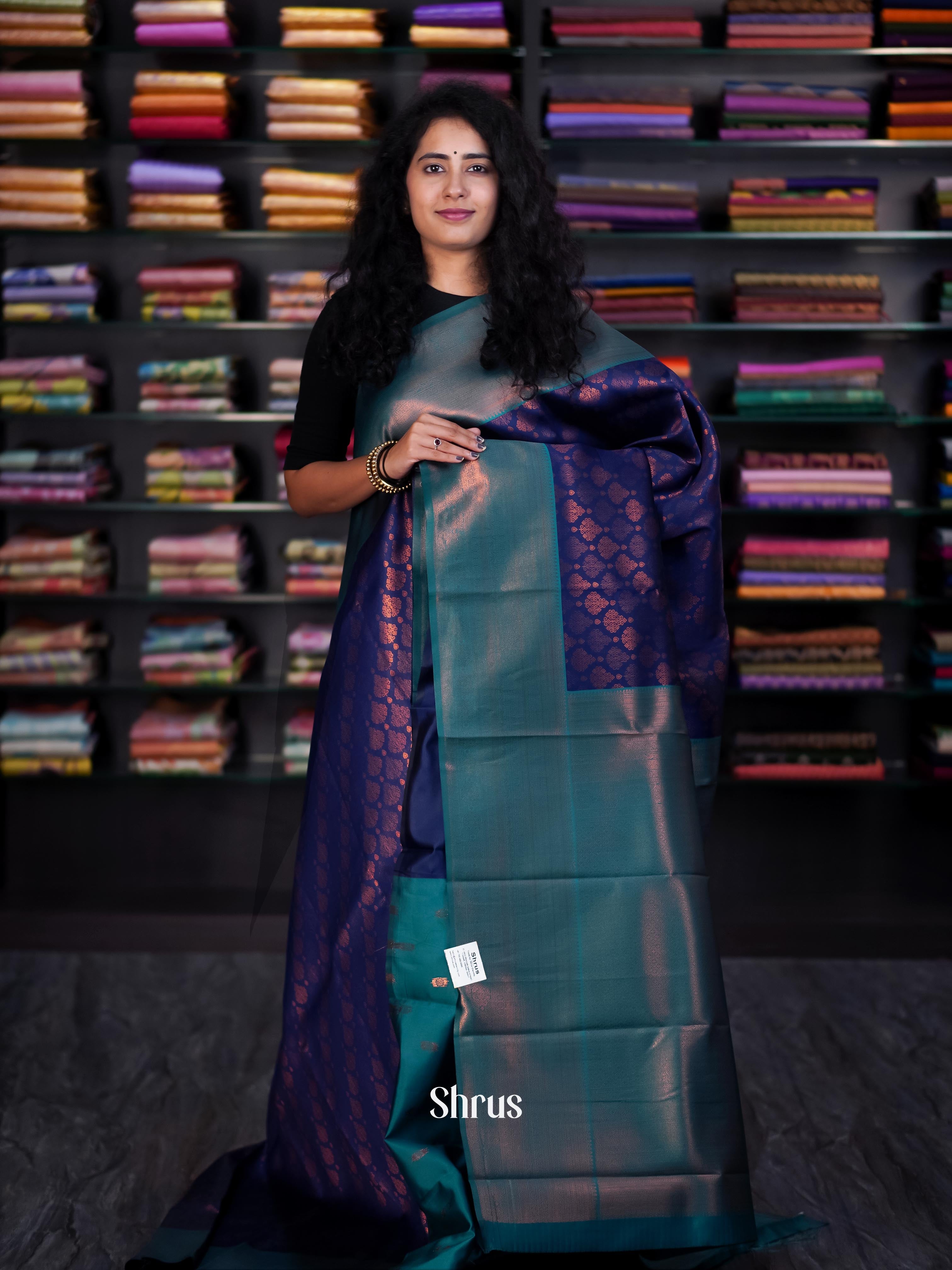 Blue & Teal - Semi Arani Silk Saree - Shop on ShrusEternity.com