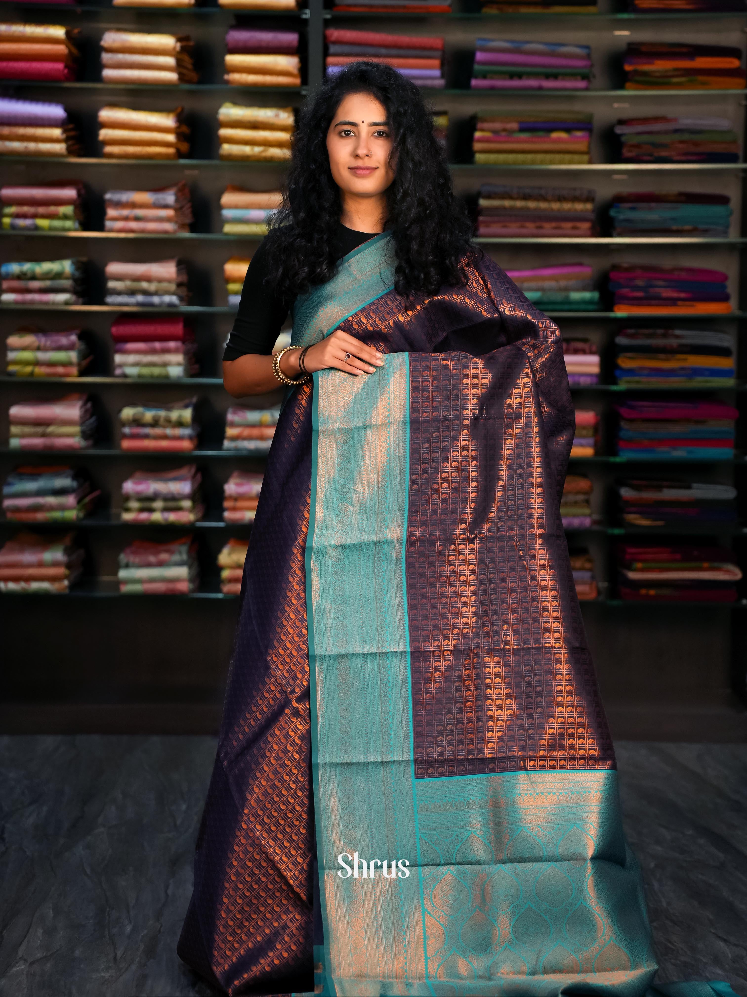 Blue & Teal - Semi Arani Silk Saree - Shop on ShrusEternity.com
