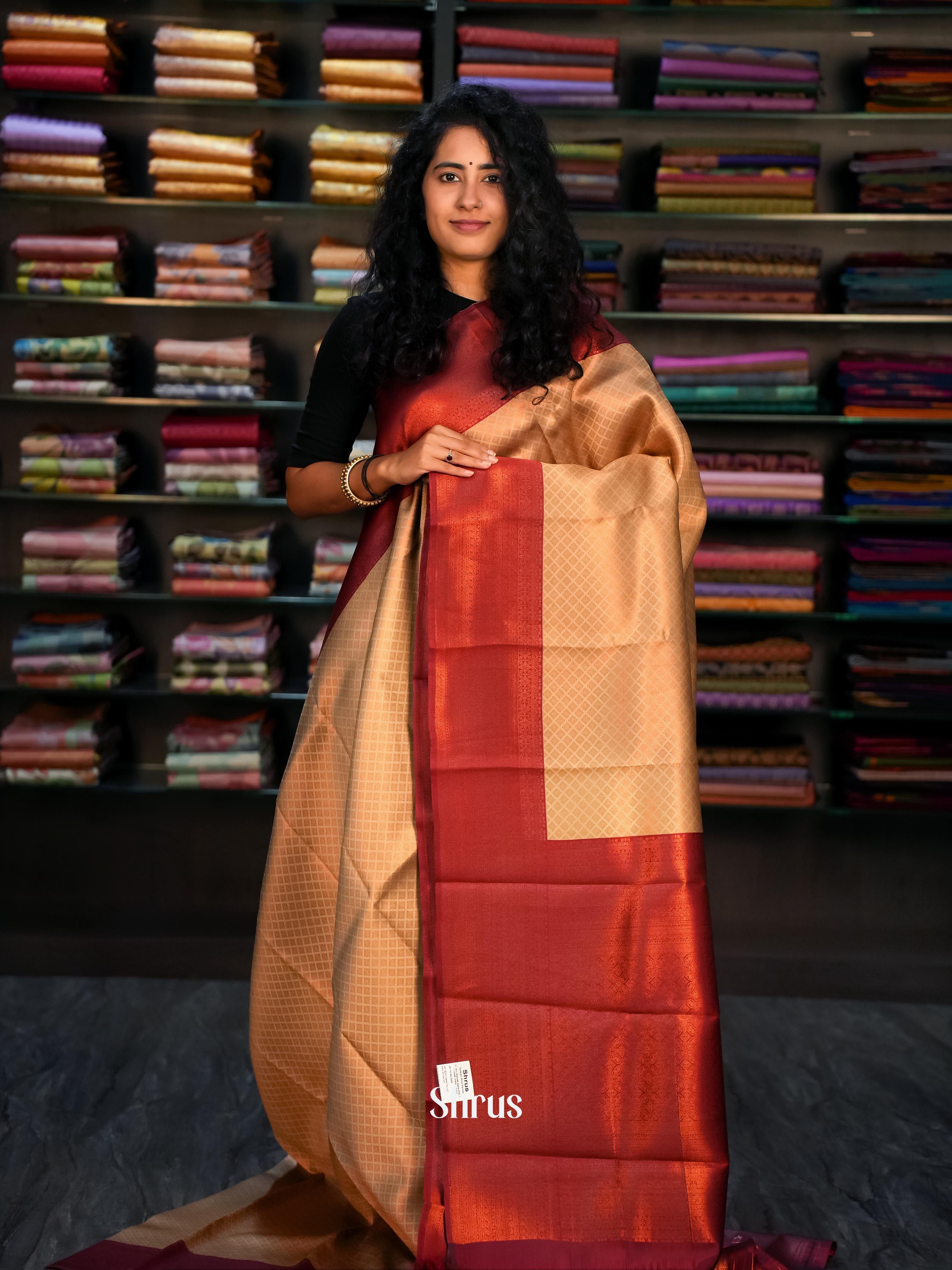 Beige & Maroon- Semi Arani Silk Saree - Shop on ShrusEternity.com