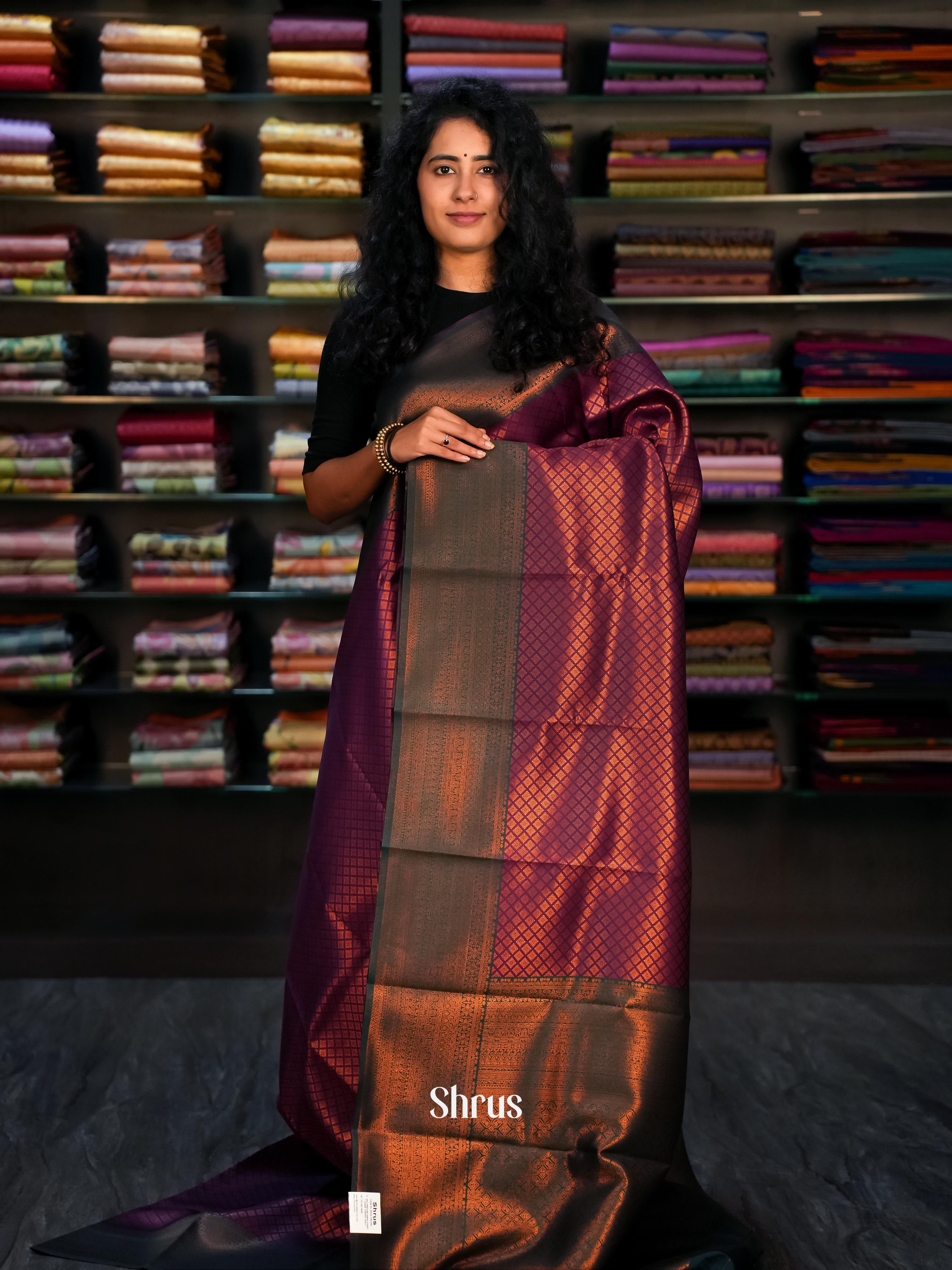 Wine & Green- Semi Arani Silk Saree - Shop on ShrusEternity.com