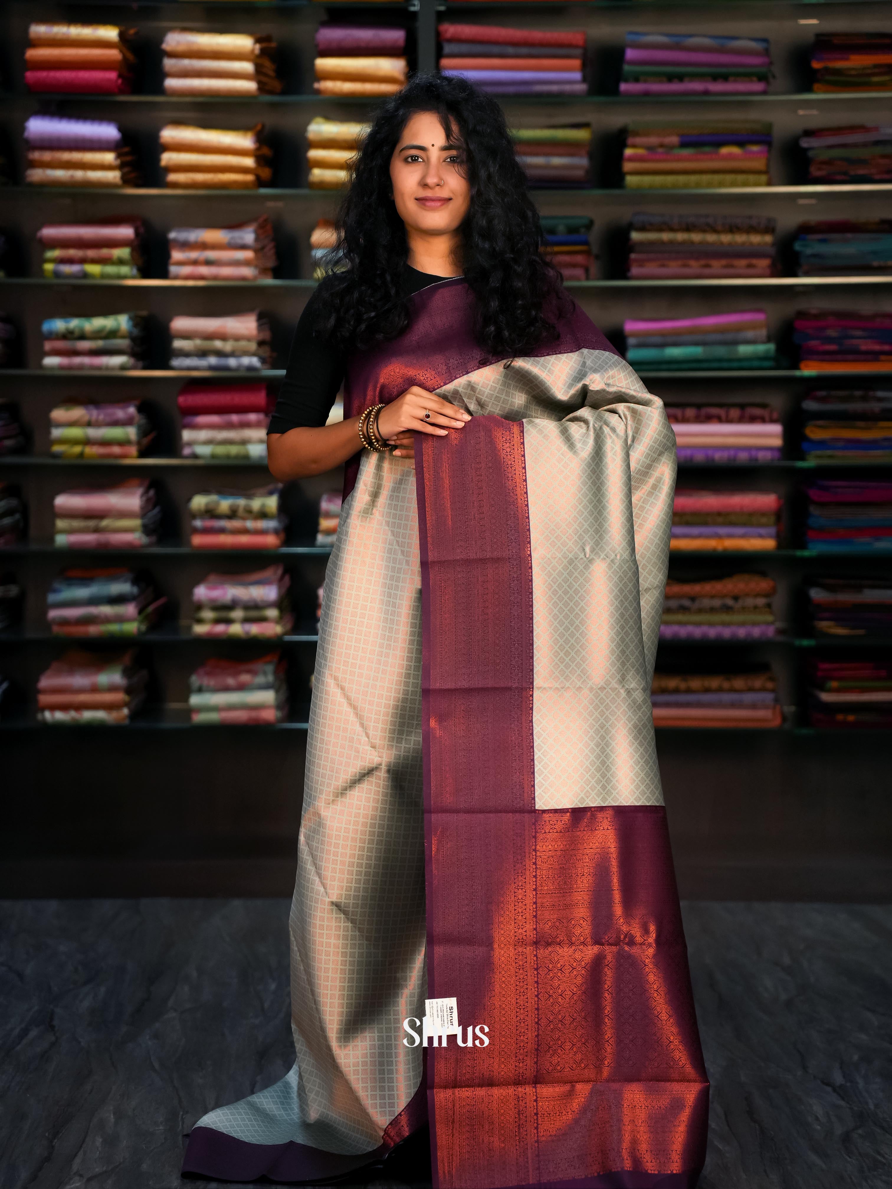 Grey & Purple - Semi Arani Silk Saree - Shop on ShrusEternity.com
