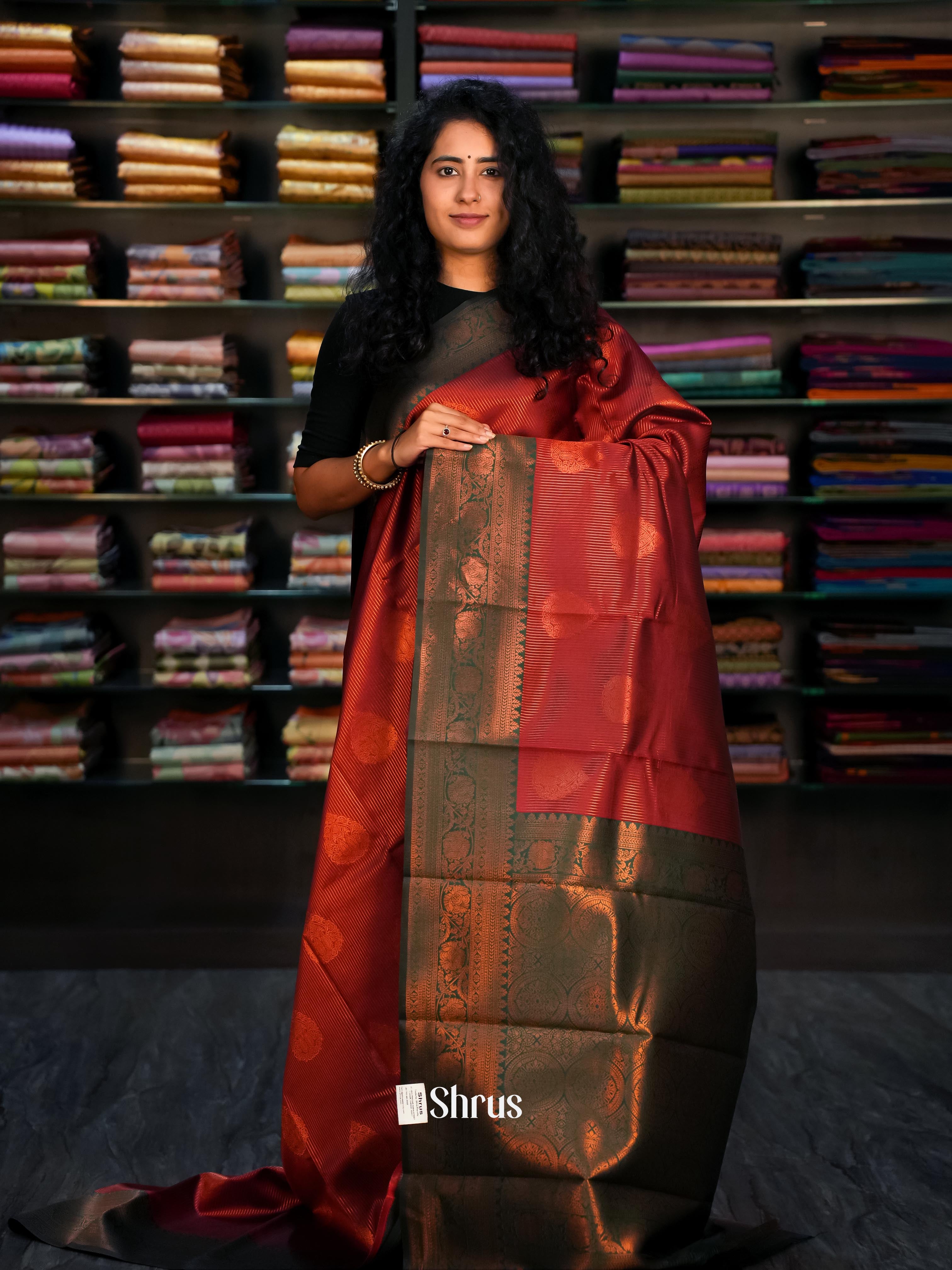Maroon & Green- Semi Arani Silk Saree - Shop on ShrusEternity.com