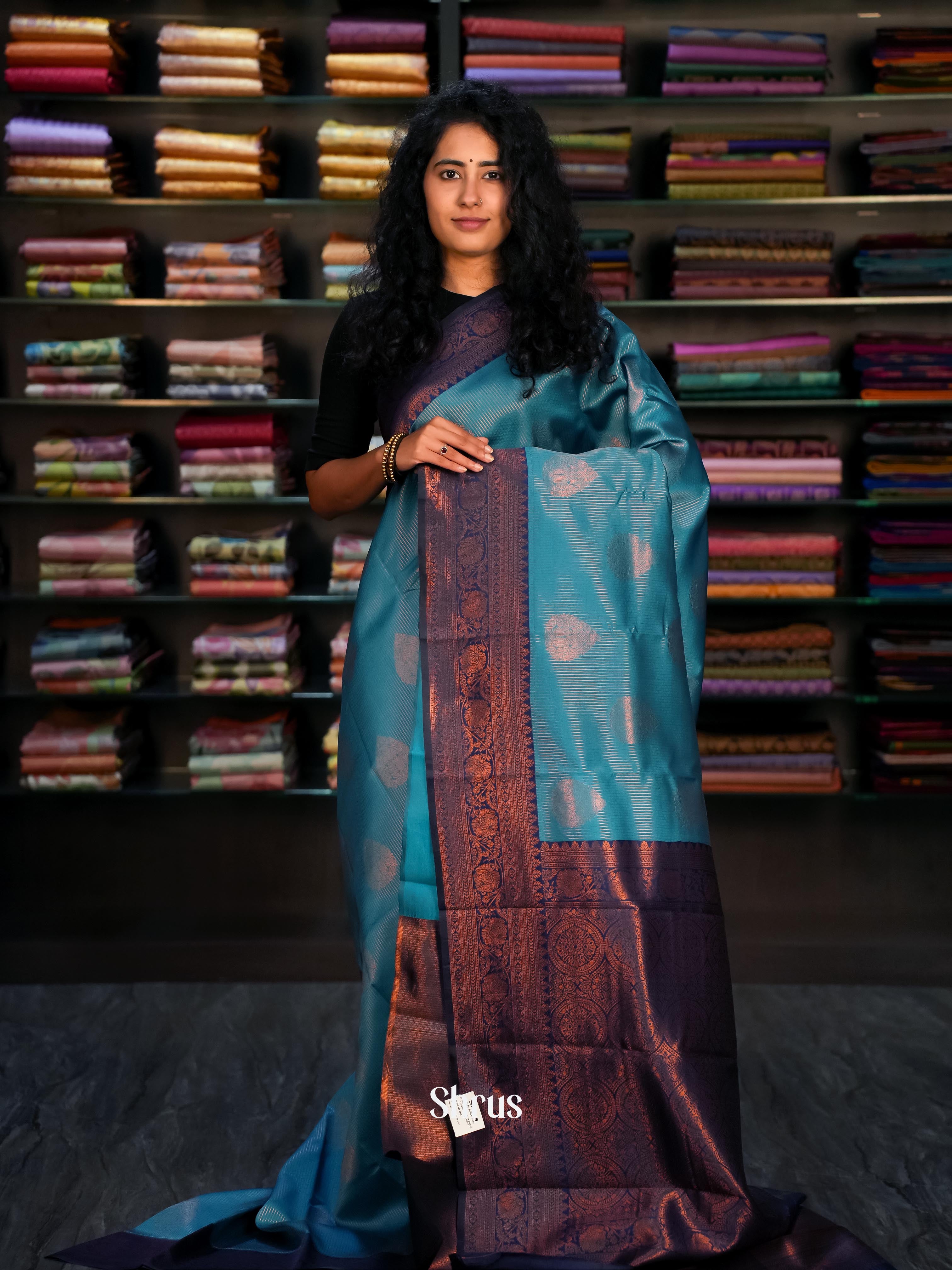 Teal & Blue - Semi Arani Silk Saree - Shop on ShrusEternity.com