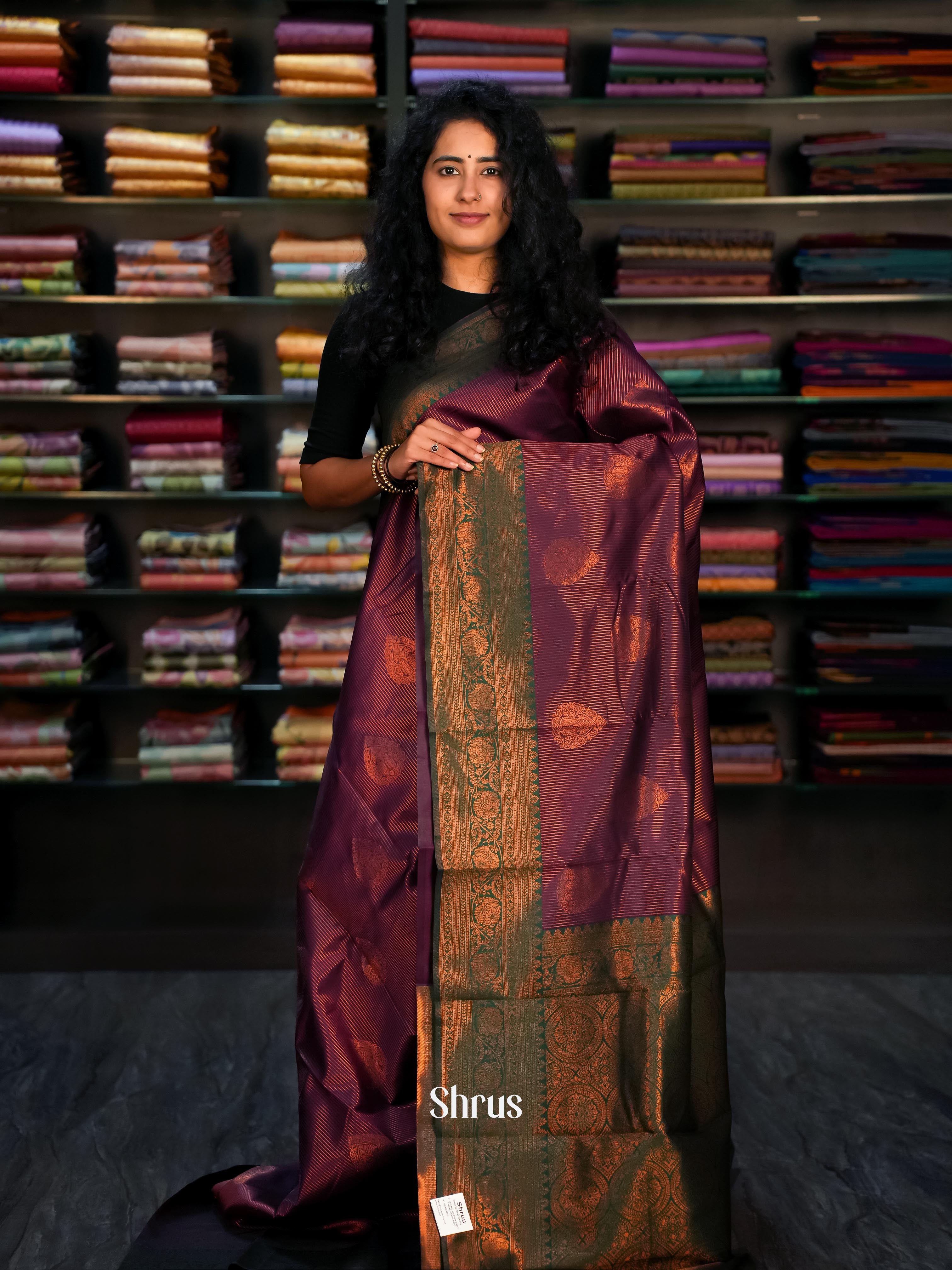 Wine & Green - Semi Arani Silk Saree - Shop on ShrusEternity.com