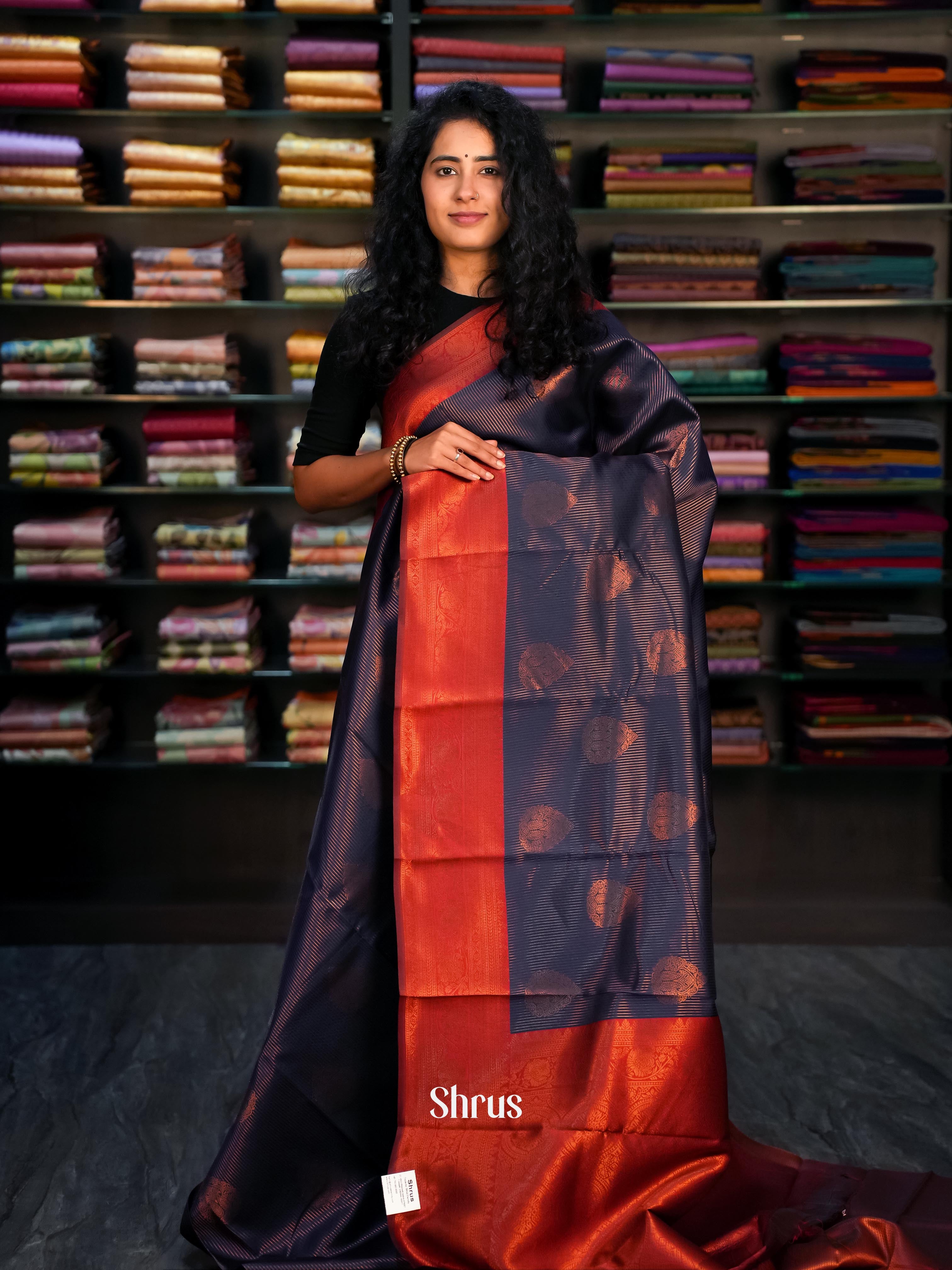 Blue & Red- Semi Arani Silk Saree - Shop on ShrusEternity.com