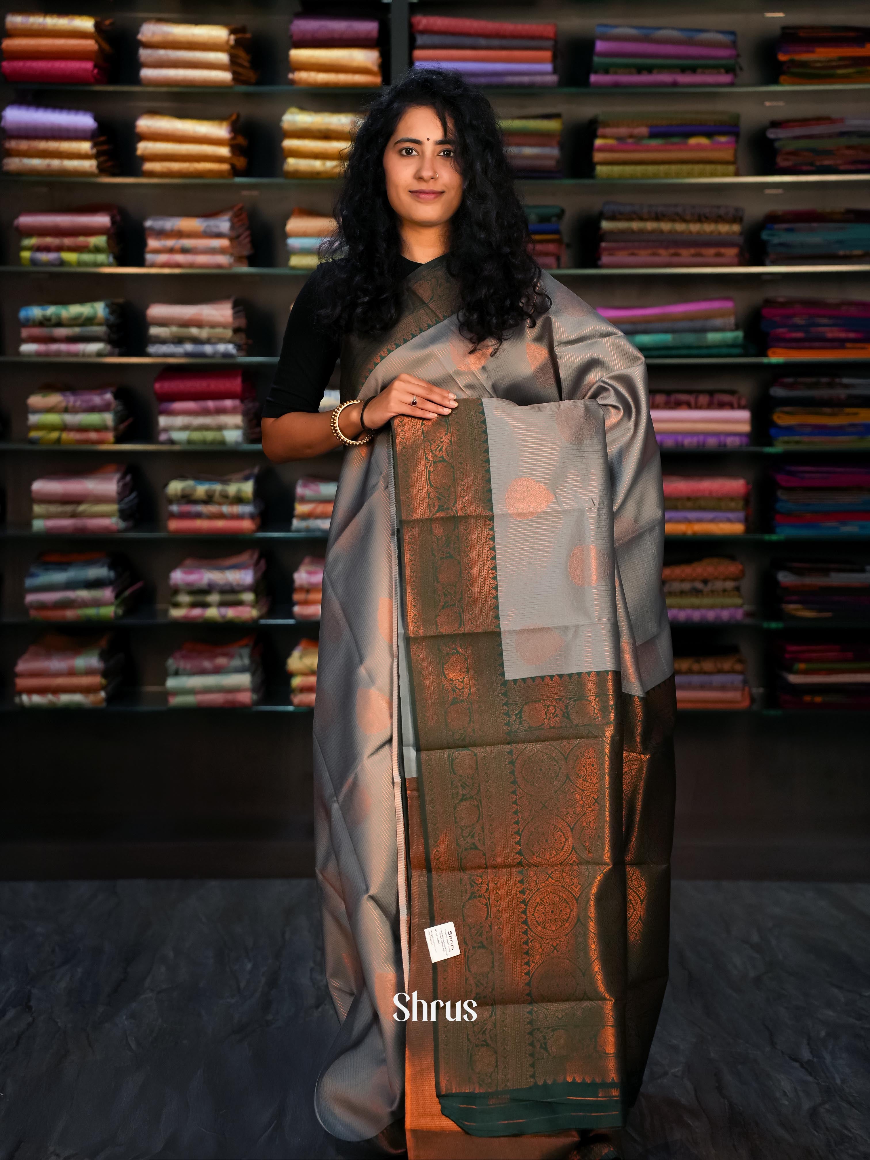 Grey & Green- Semi Arani Silk Saree - Shop on ShrusEternity.com