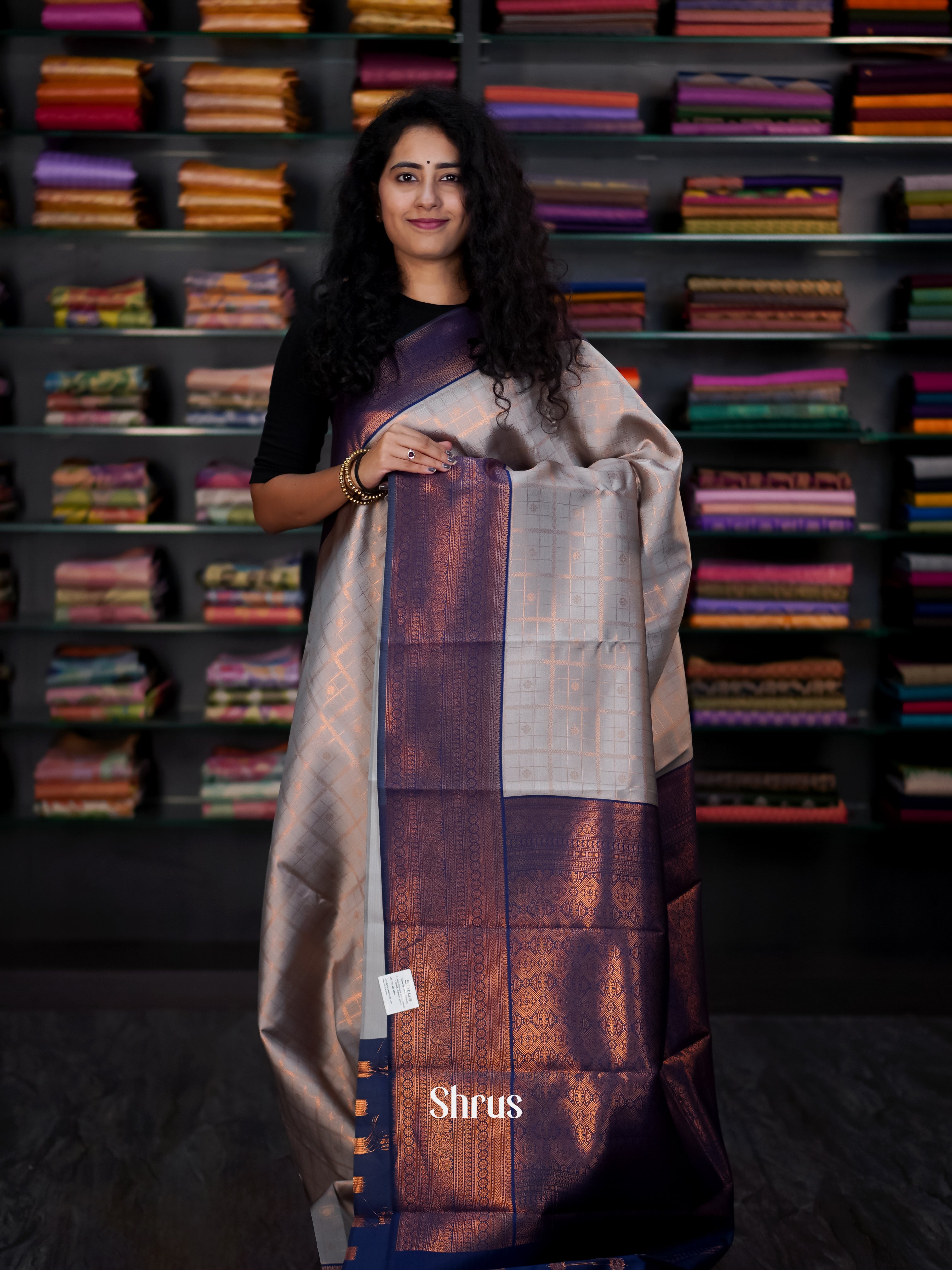 Grey & Blue - Semi Arani Silk Saree - Shop on ShrusEternity.com