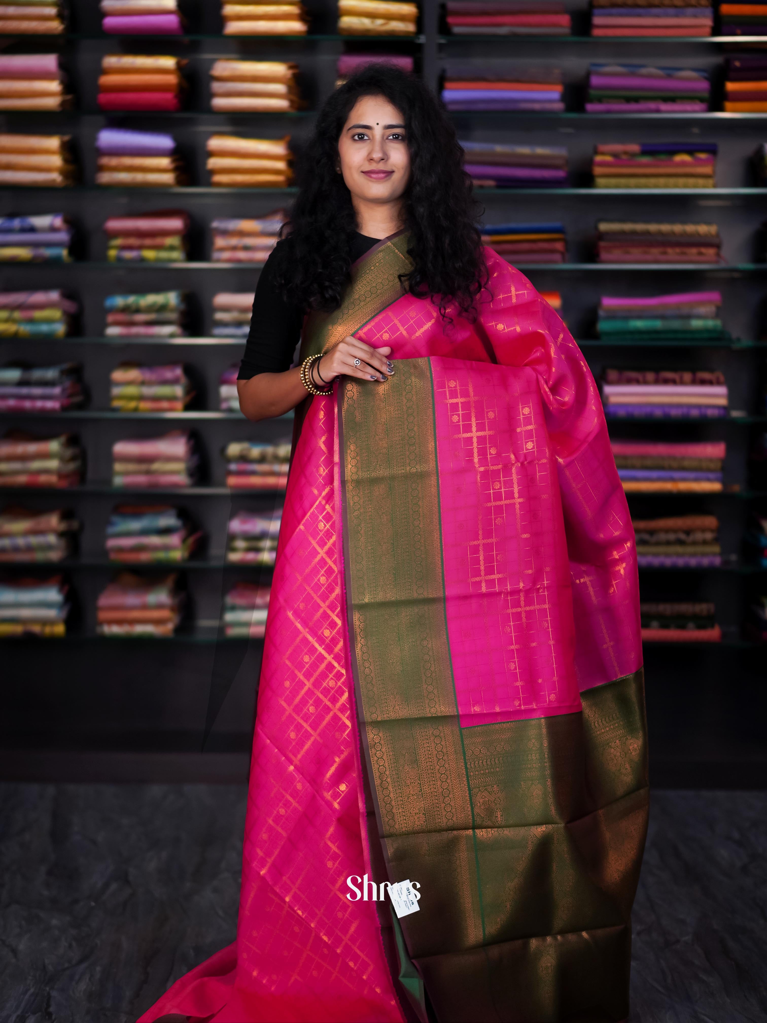 Pink & Green - Semi Arani Silk Saree - Shop on ShrusEternity.com