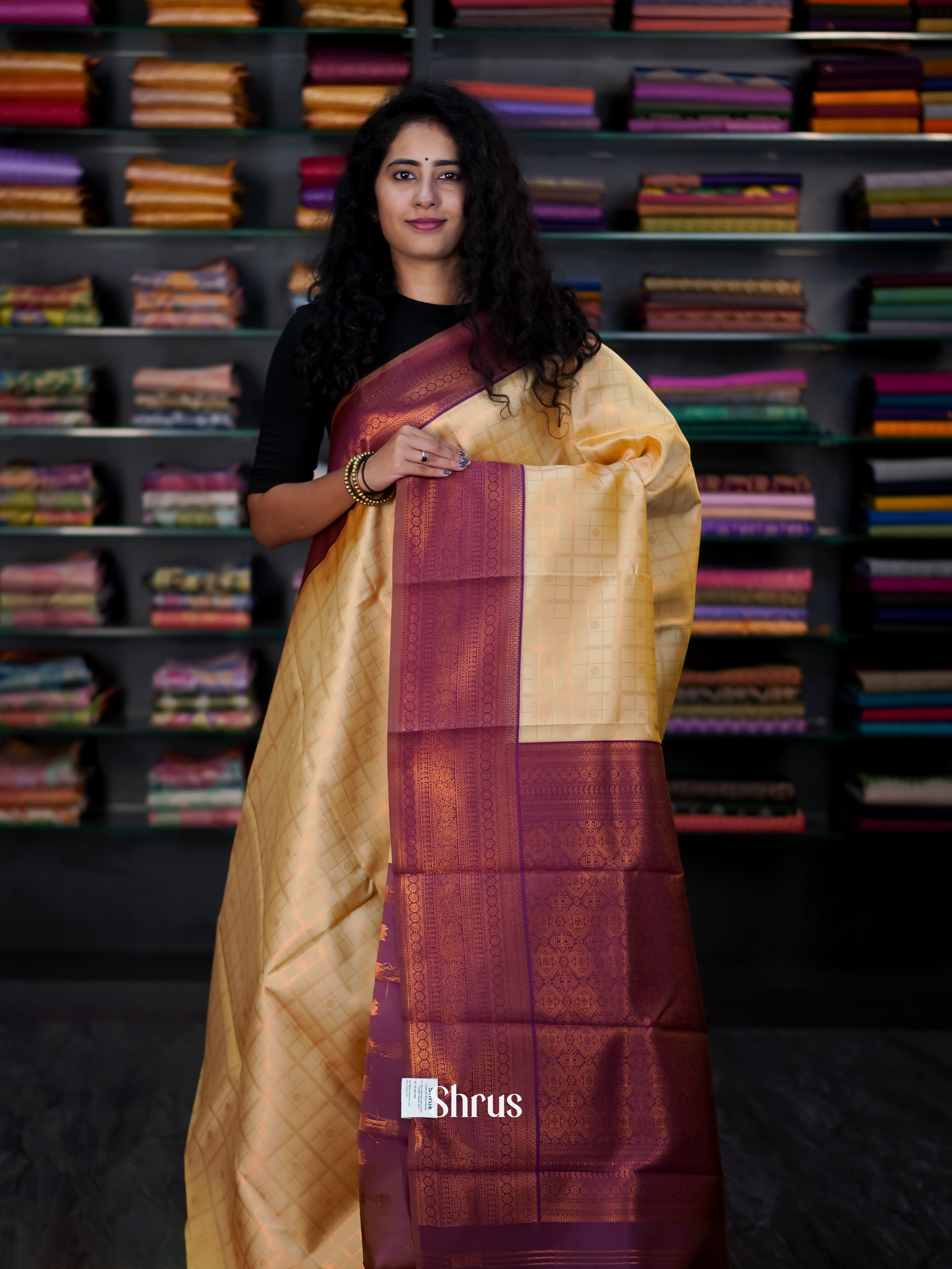 Cream & Purple - Semi Arani Silk Saree - Shop on ShrusEternity.com