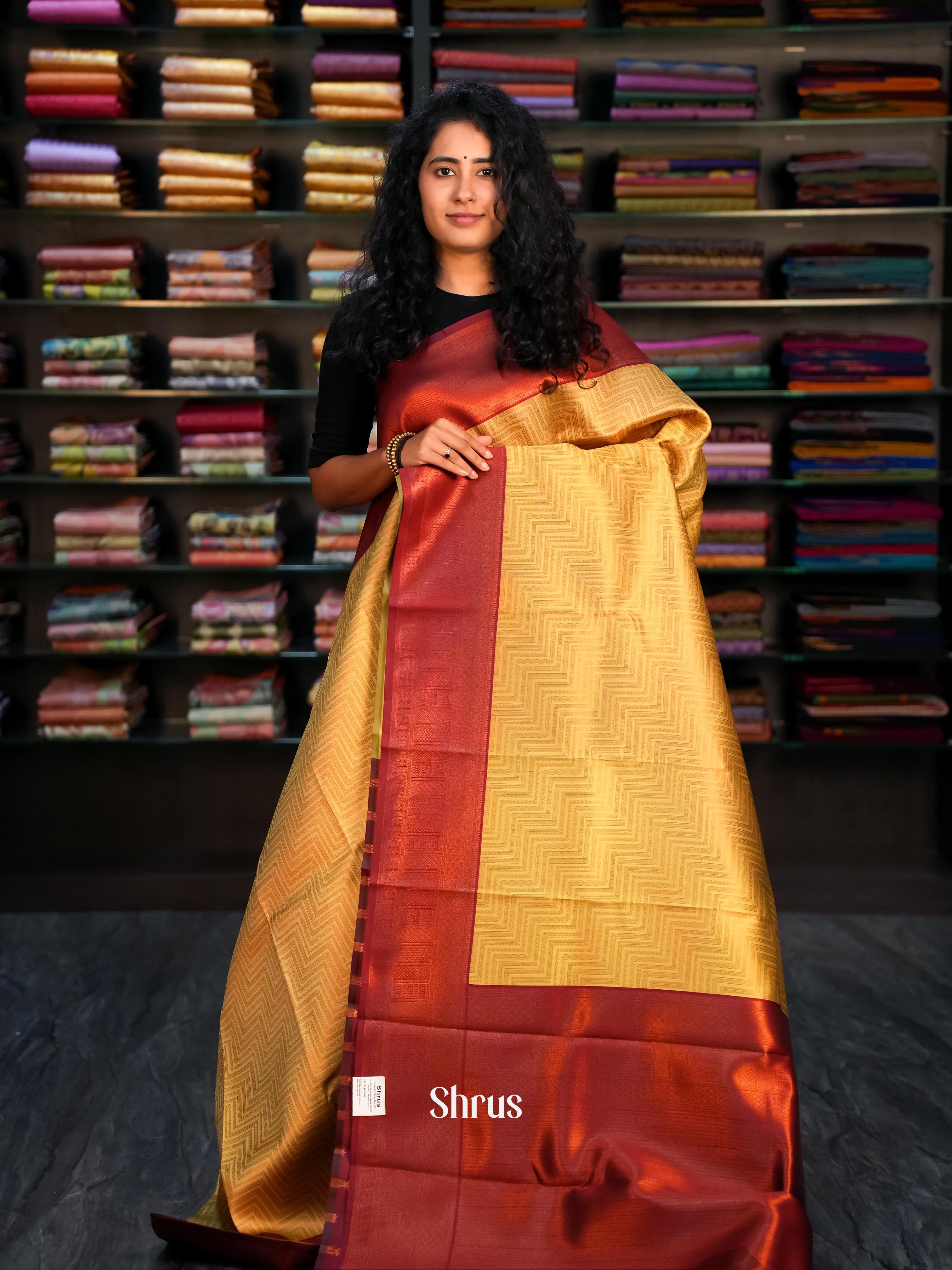 Beige & Maroon- Semi Arani Silk Saree - Shop on ShrusEternity.com