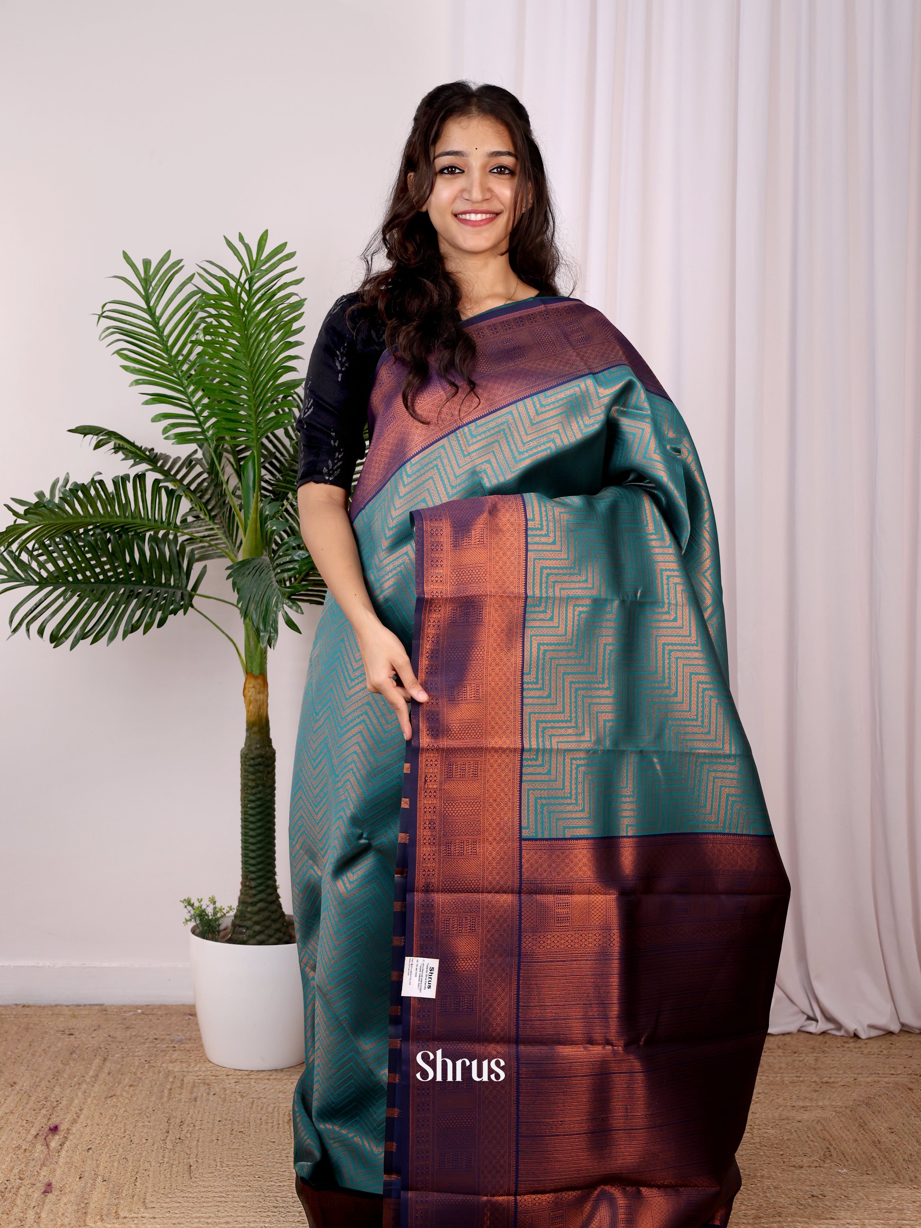 Teal & Blue- Semi Arani Silk Saree - Shop on ShrusEternity.com
