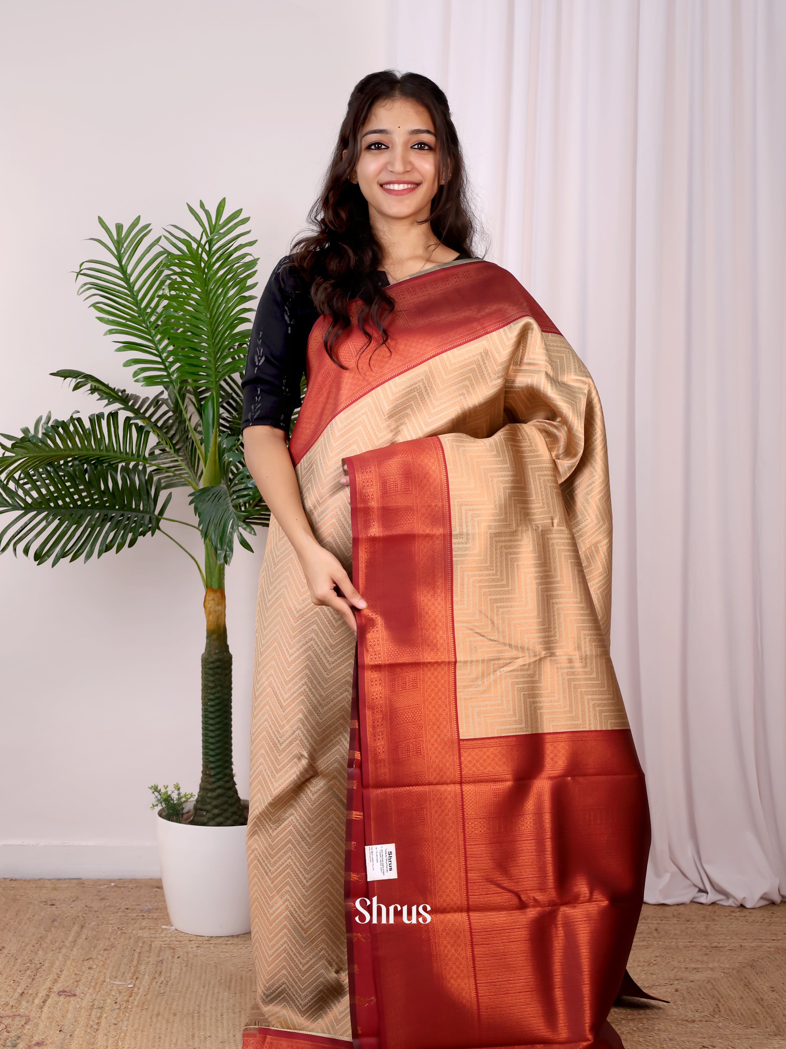 Beige & Maroon- Semi Arani Silk Saree - Shop on ShrusEternity.com