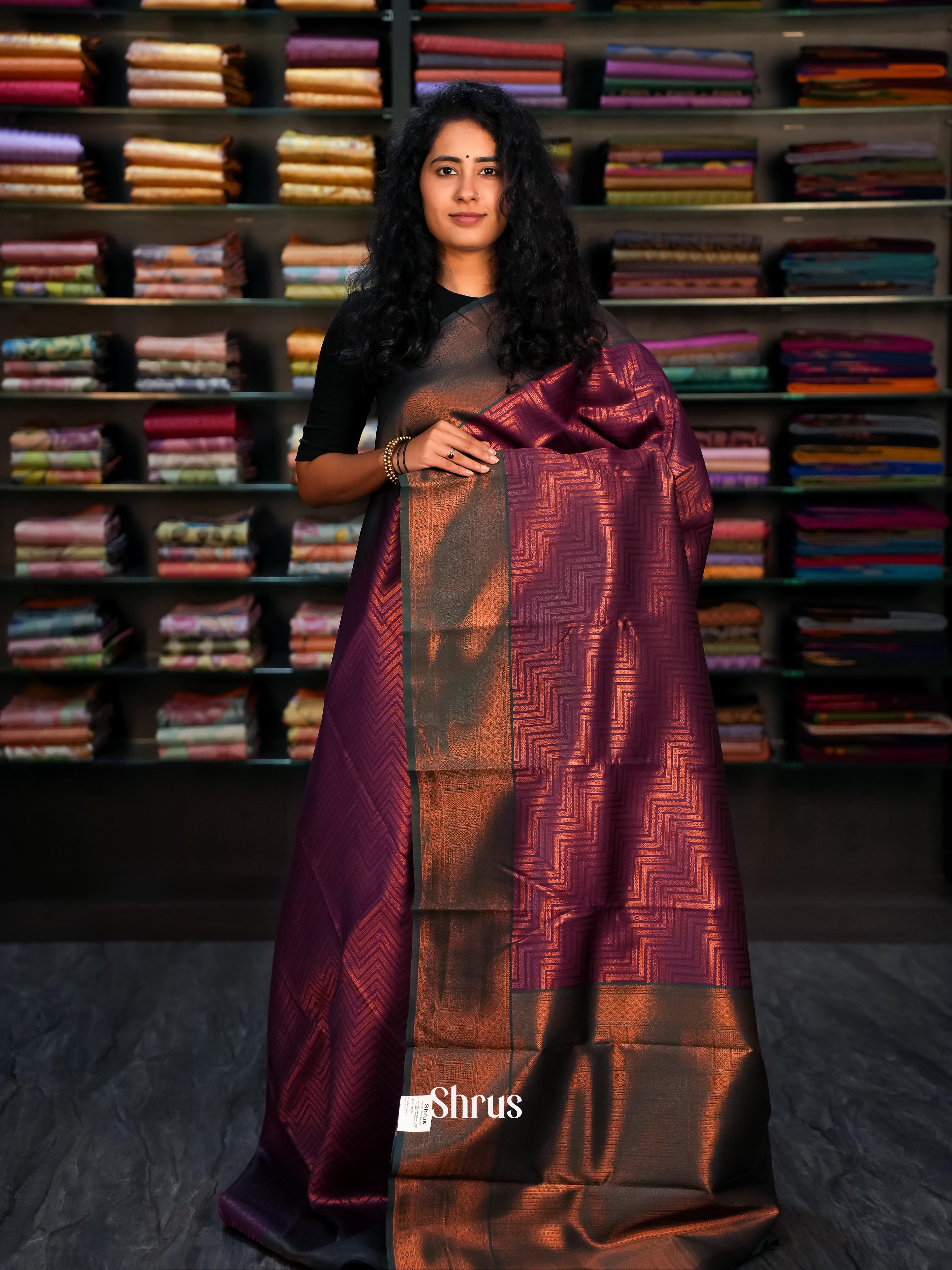 Wine & Green- Semi Arani Silk Saree - Shop on ShrusEternity.com
