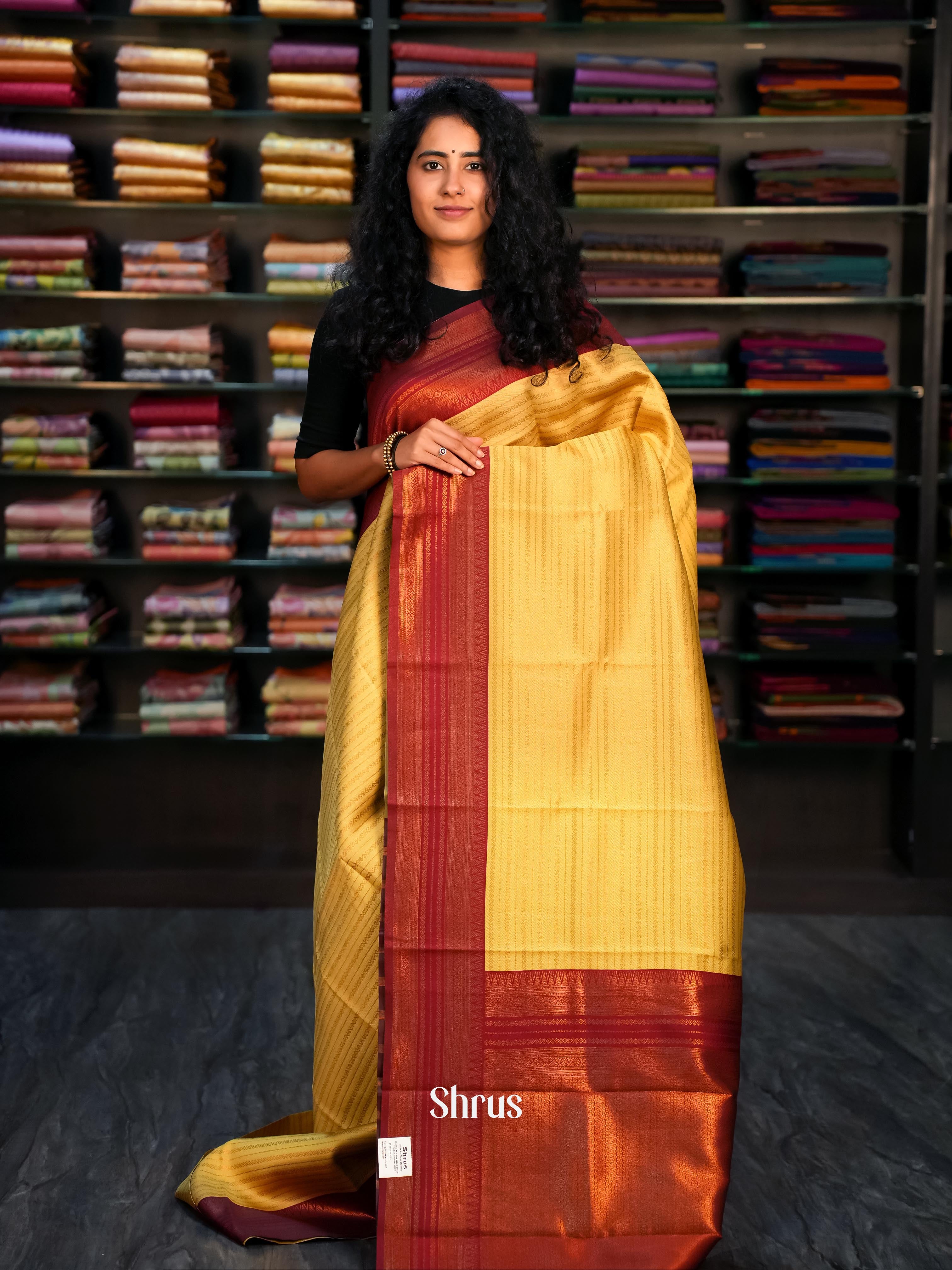 Beige & Maroon - Semi Arani Silk Saree - Shop on ShrusEternity.com