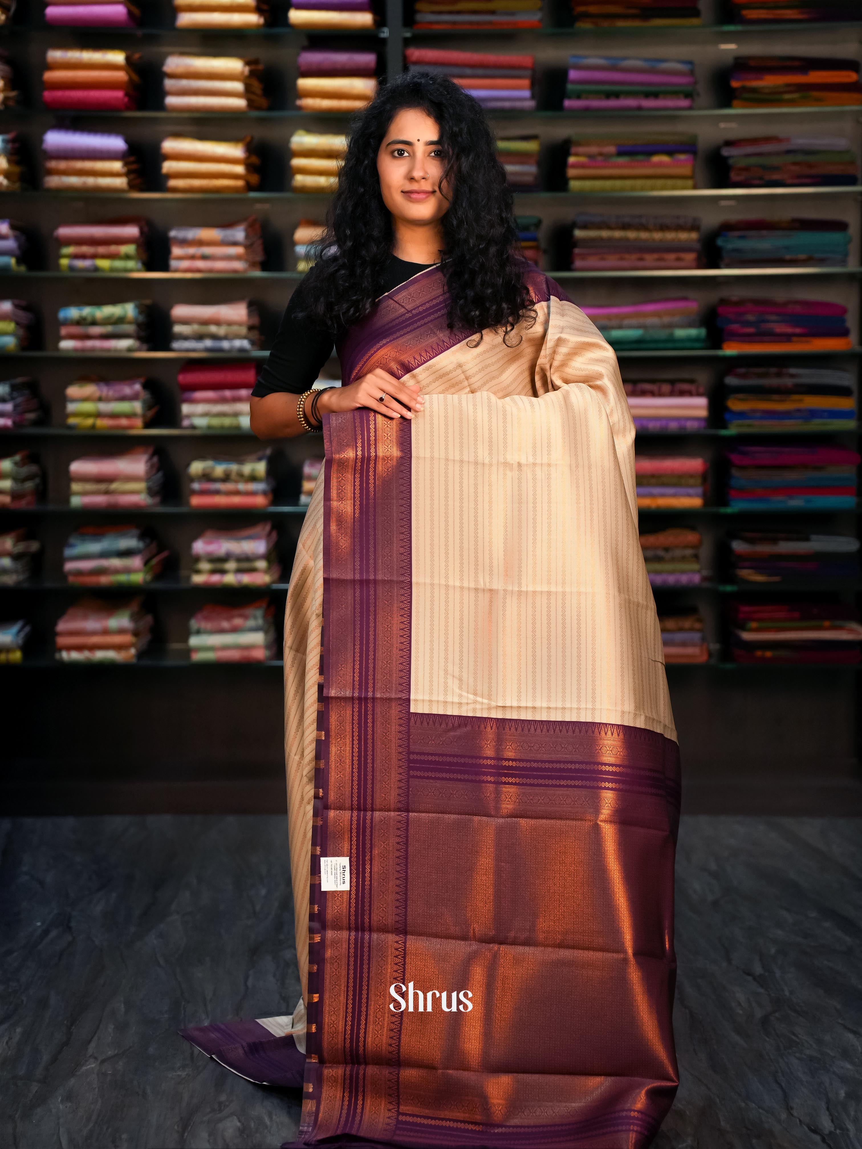 Cream & Purple - Semi Arani Silk Saree - Shop on ShrusEternity.com