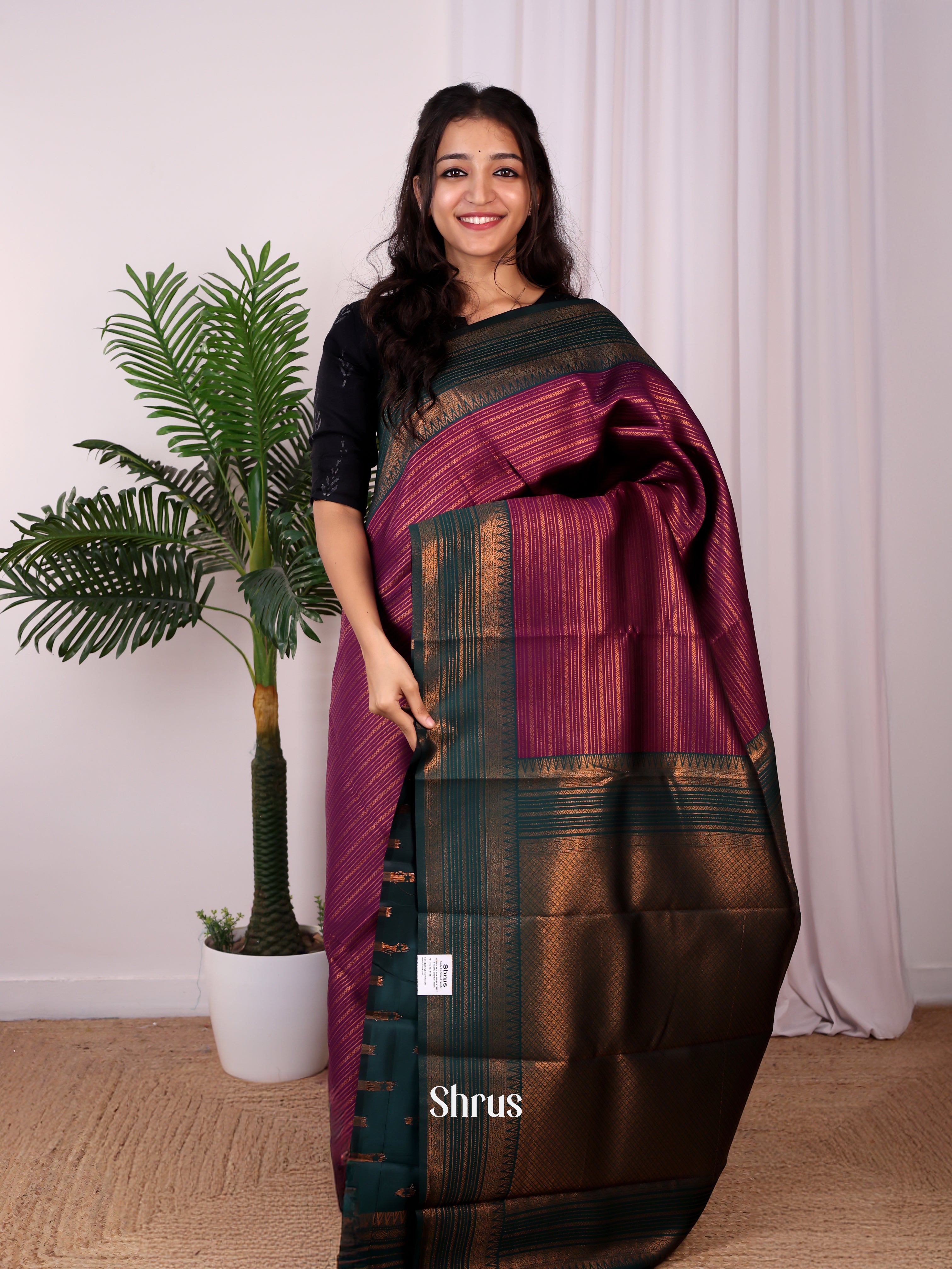 Dark Purple & Green - Semi Arani Silk Saree - Shop on ShrusEternity.com