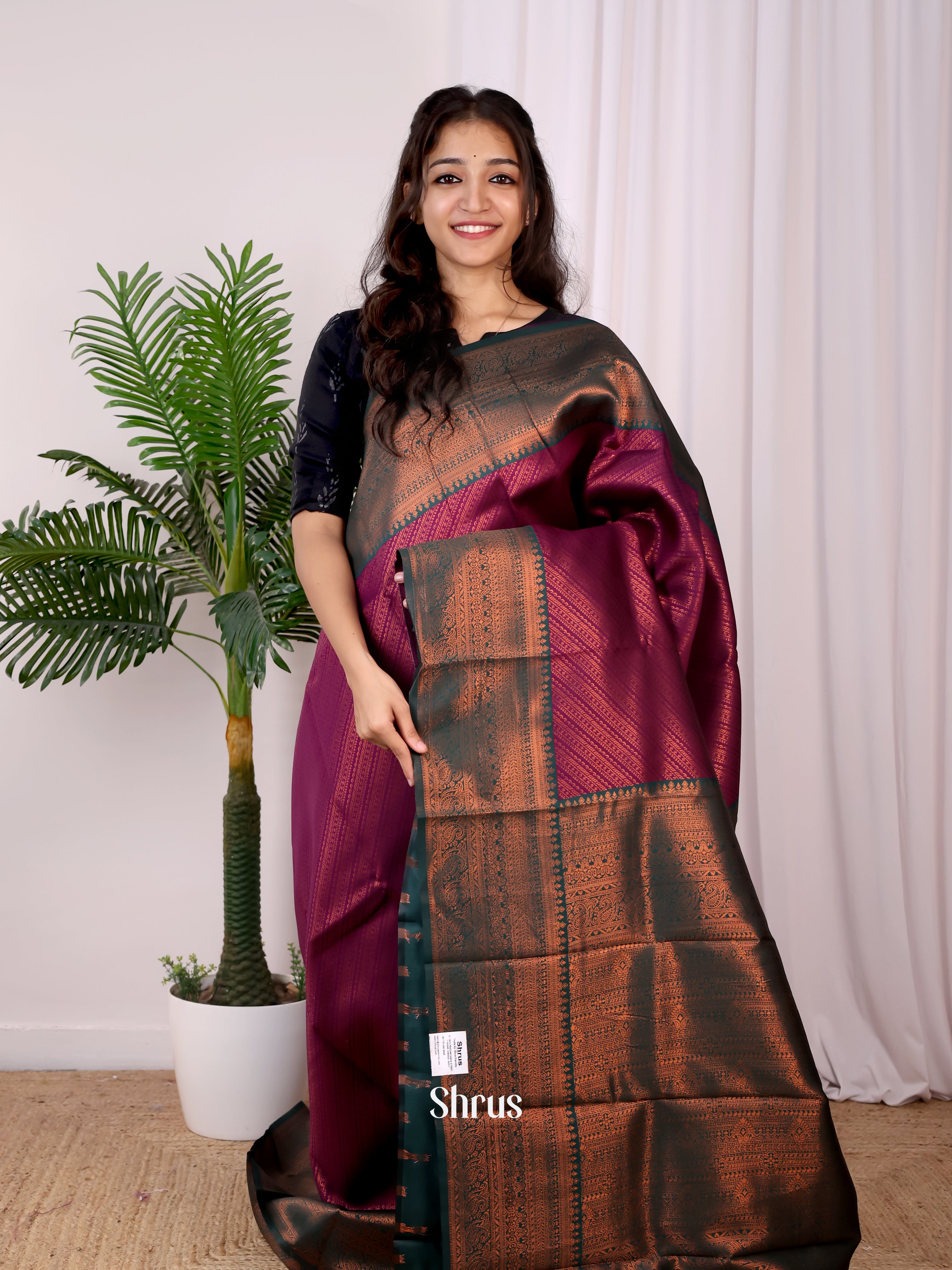 Maroon & Green - Semi Arani Silk Saree - Shop on ShrusEternity.com