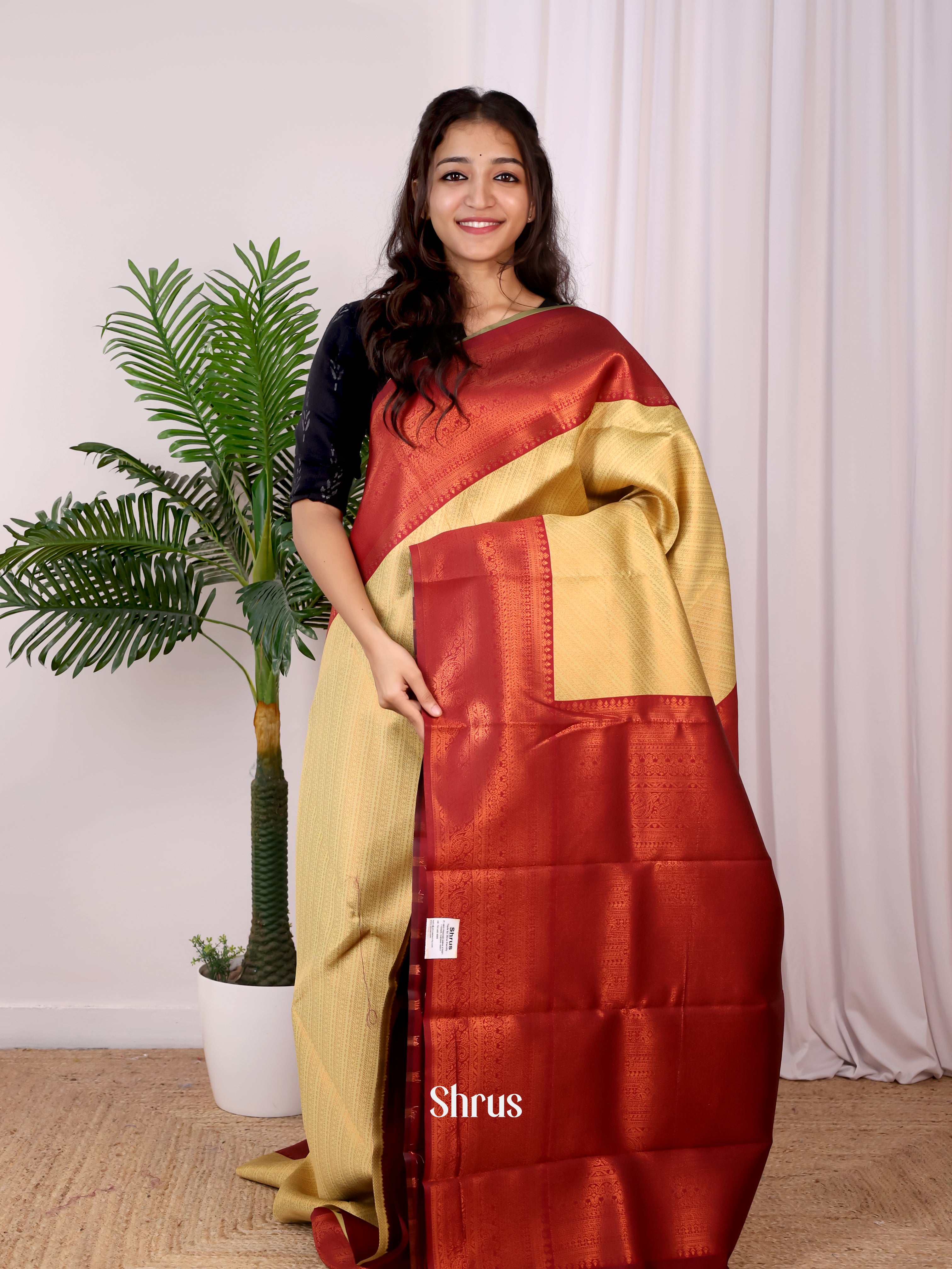 Beige & Maroon - Semi Arani Silk Saree - Shop on ShrusEternity.com