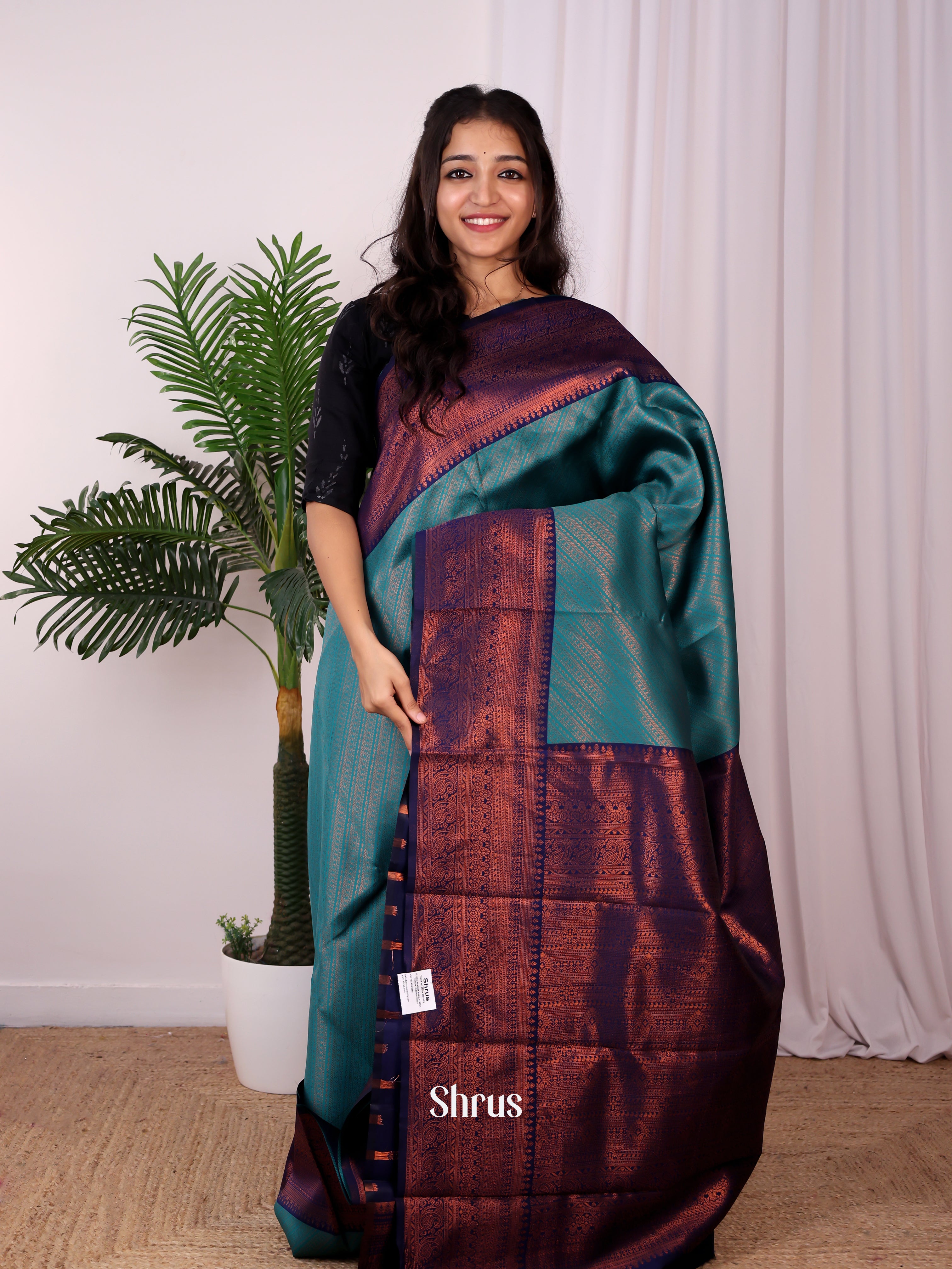 Teal & Blue- Semi Arani Silk Saree - Shop on ShrusEternity.com