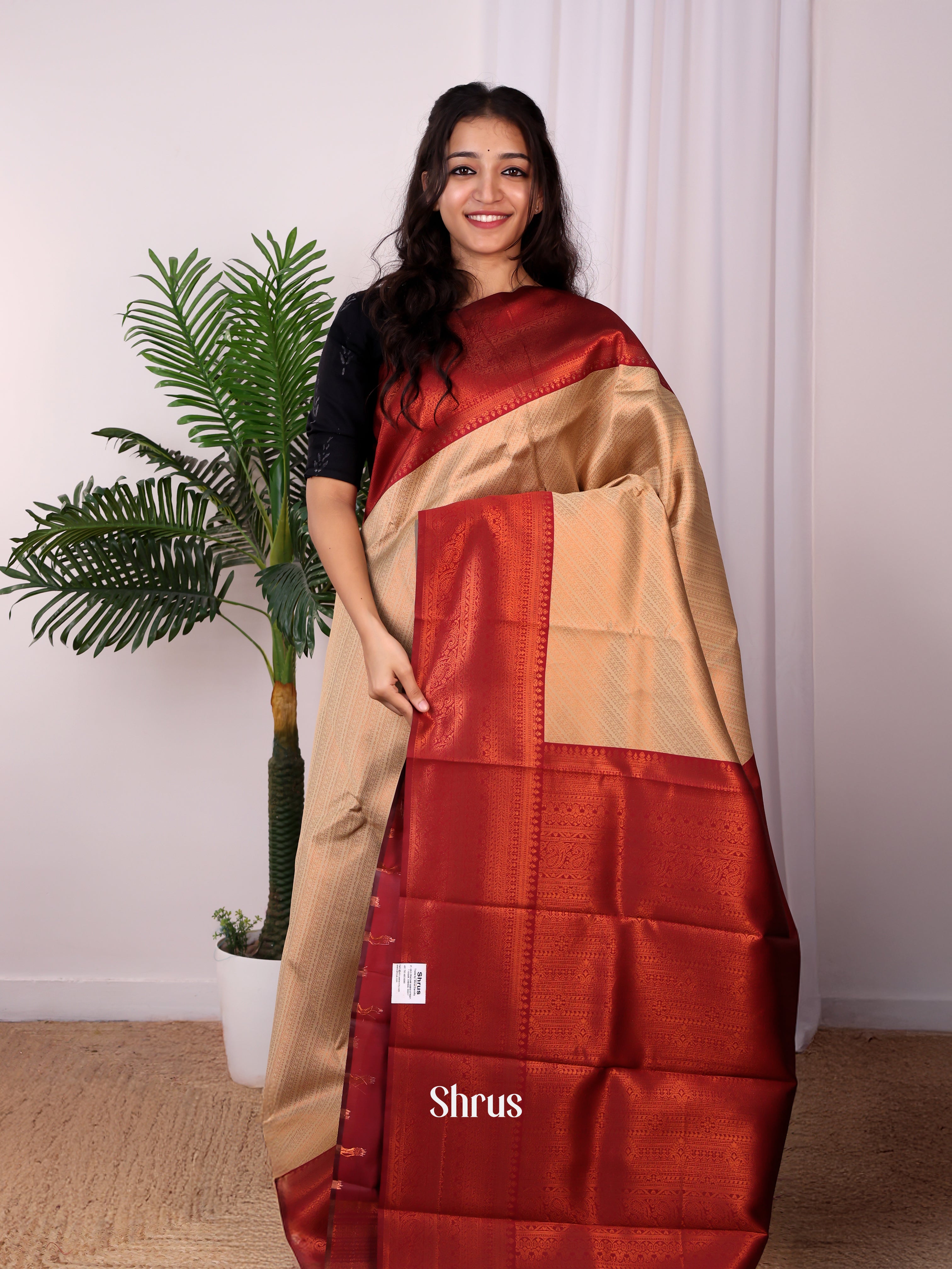 Beige & Maroon - Semi Arani Silk Saree - Shop on ShrusEternity.com