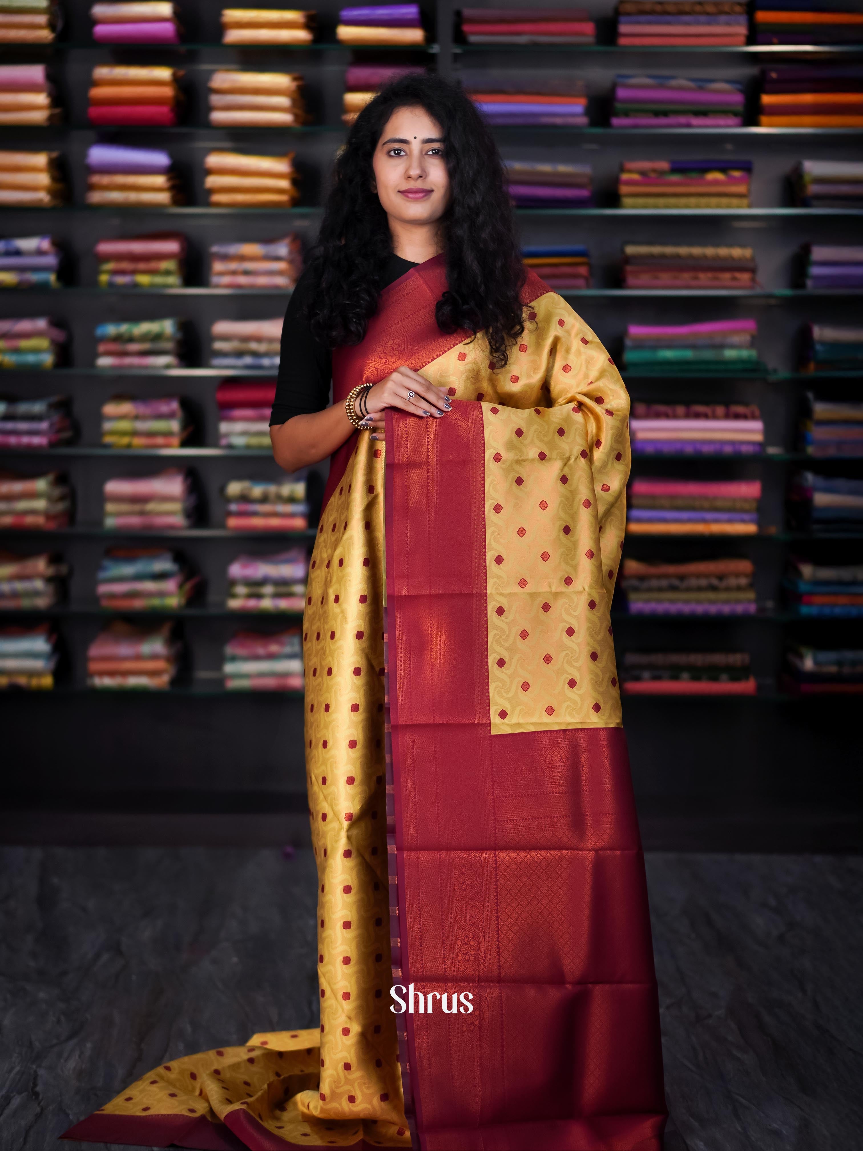 Beige & Maroon - Semi Arani Silk Saree - Shop on ShrusEternity.com