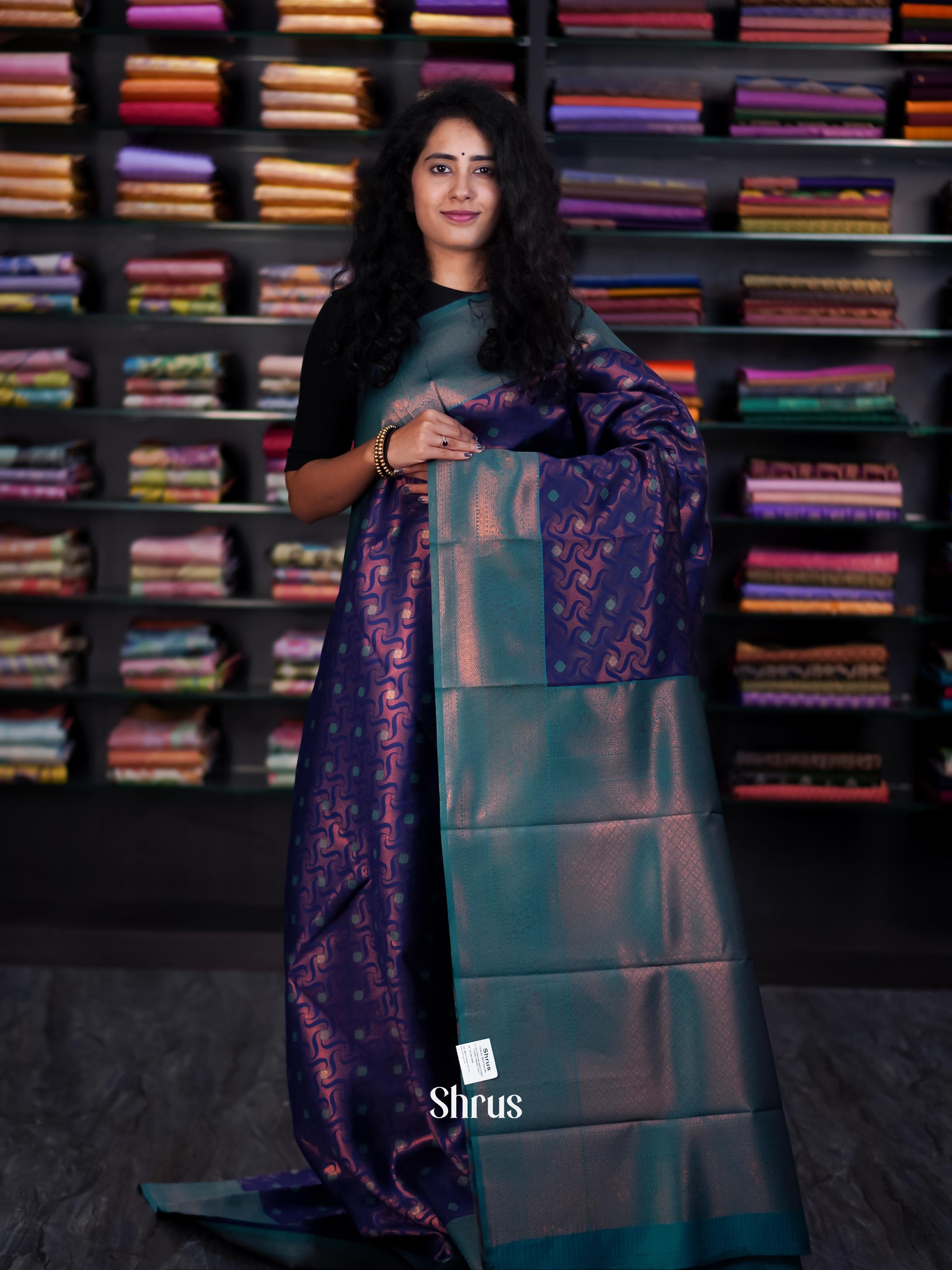 Blue & Teal - Semi Arani Silk Saree - Shop on ShrusEternity.com